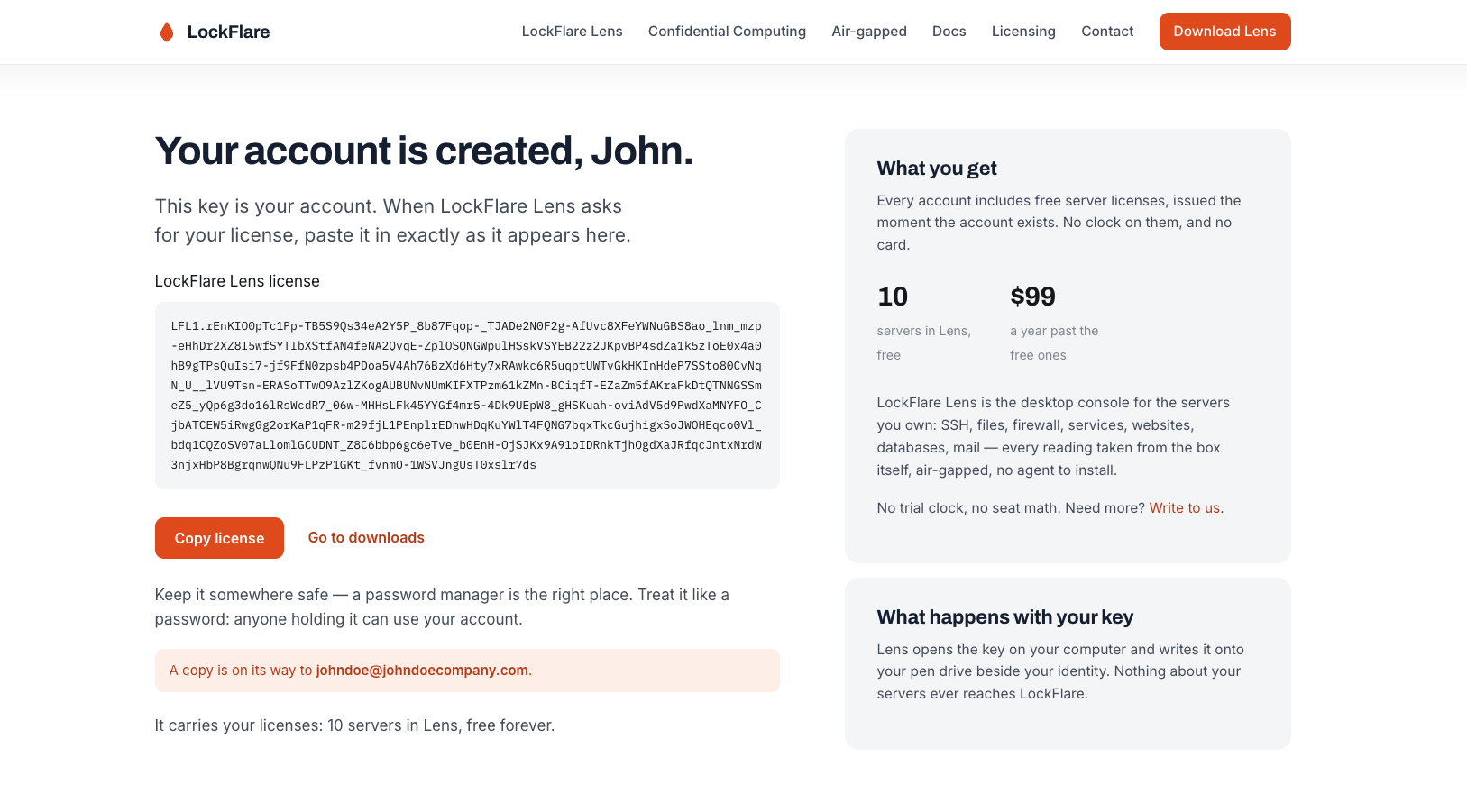 The account licence shown on the page and sent by email