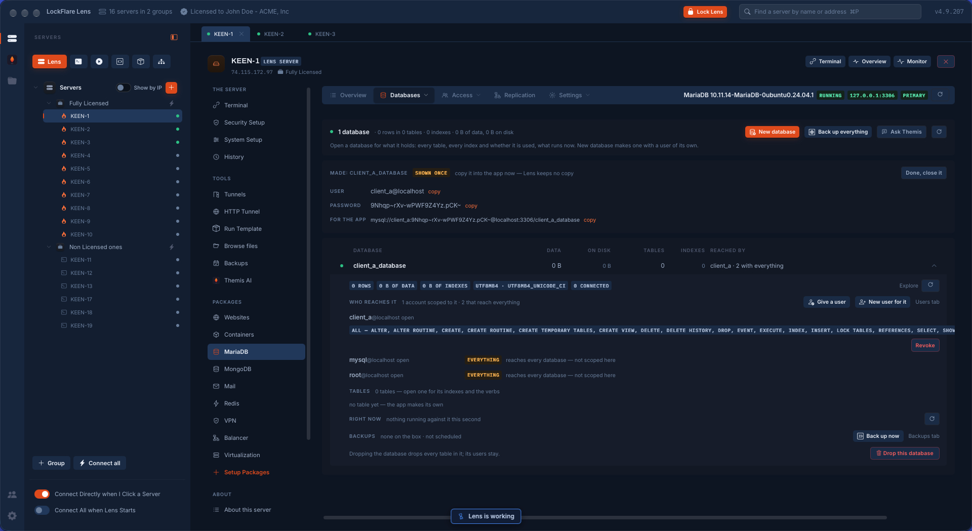 A MariaDB database just created in LockFlare Vigia: its user, the password shown once and the connection string for the app, each with a copy button, above who reaches the database and with which privileges