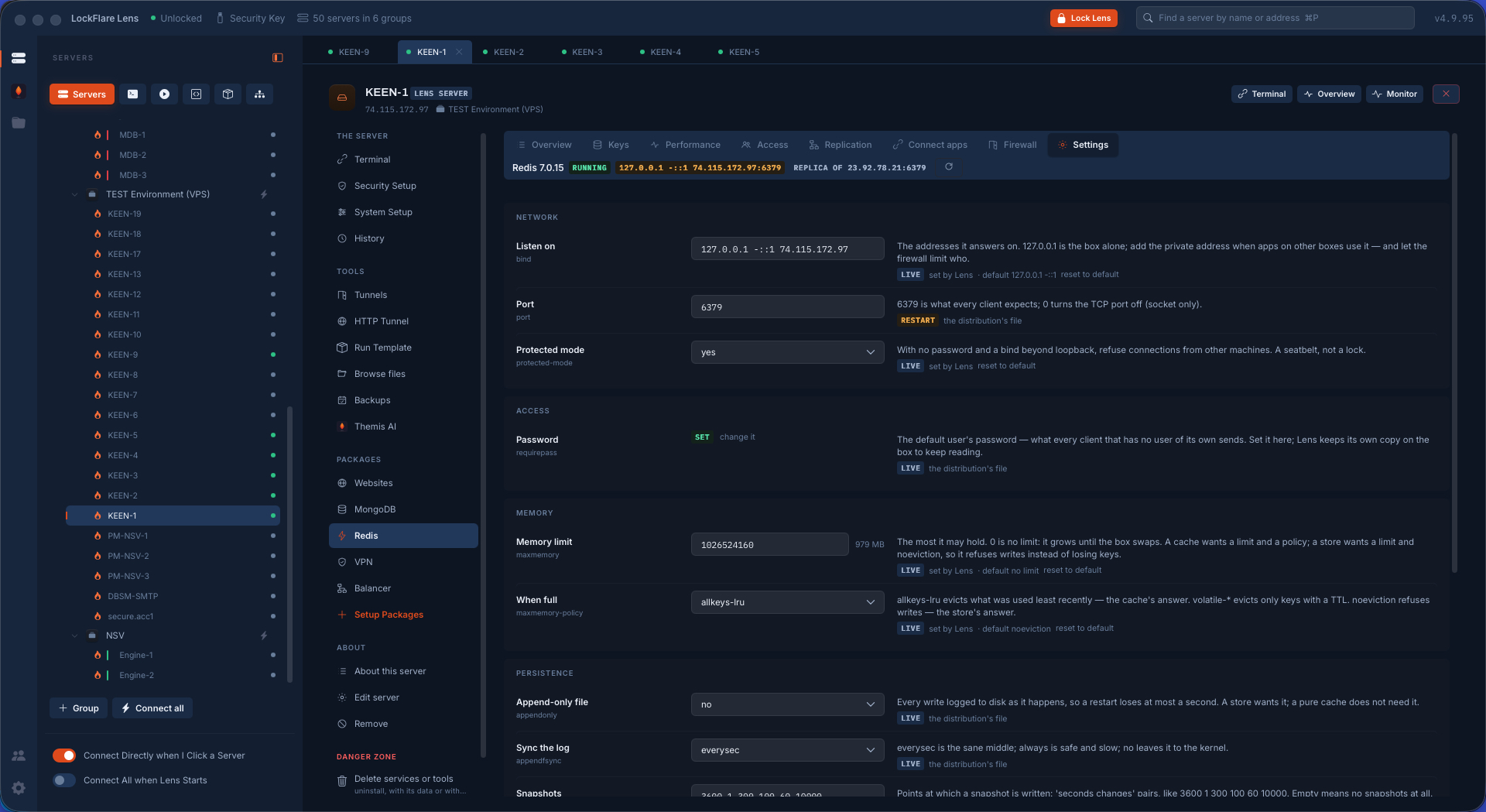 Redis settings in Lens: bind, port, protected mode, password, memory limit and policy, persistence, each said in words with live and restart-due marked