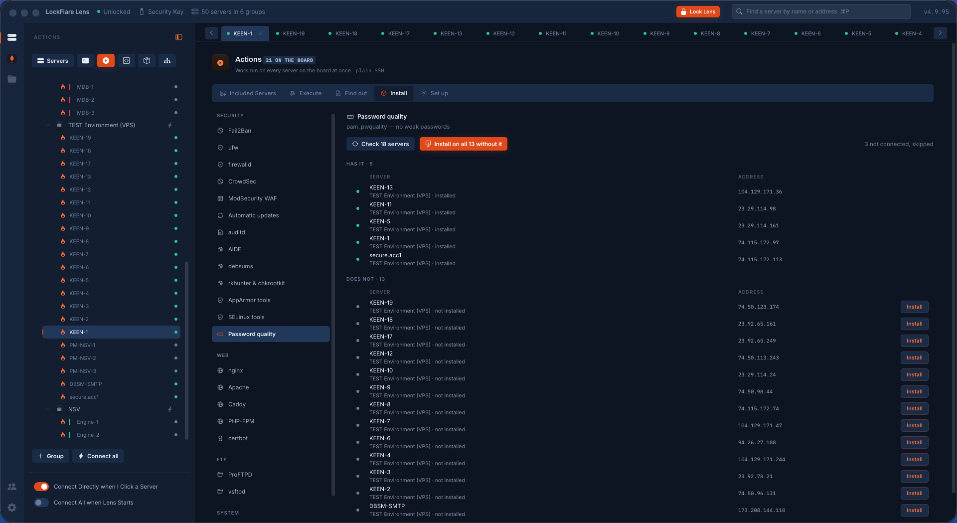 Install in LockFlare Lens: five servers already have the package and thirteen do not, with a button to install on the thirteen