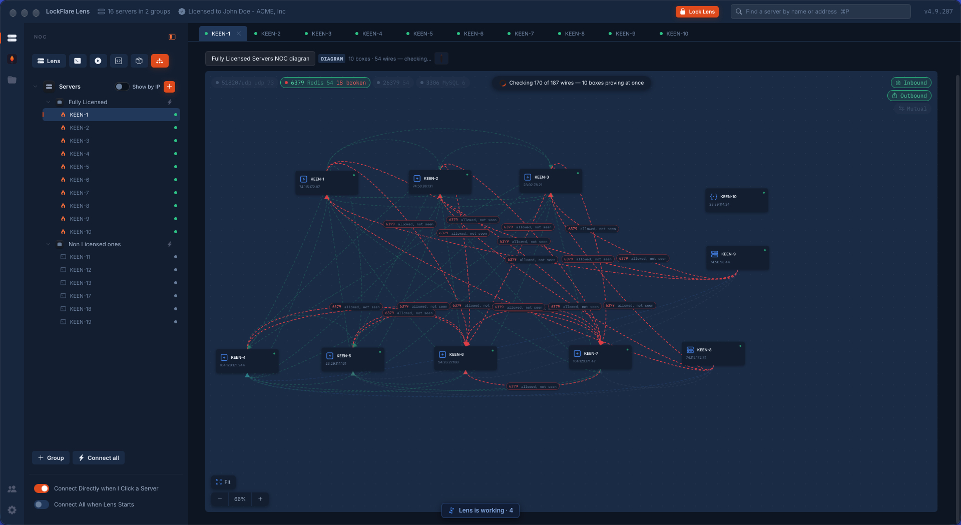 A NOC diagram filtered to Redis: 54 wires, 18 of them broken and red