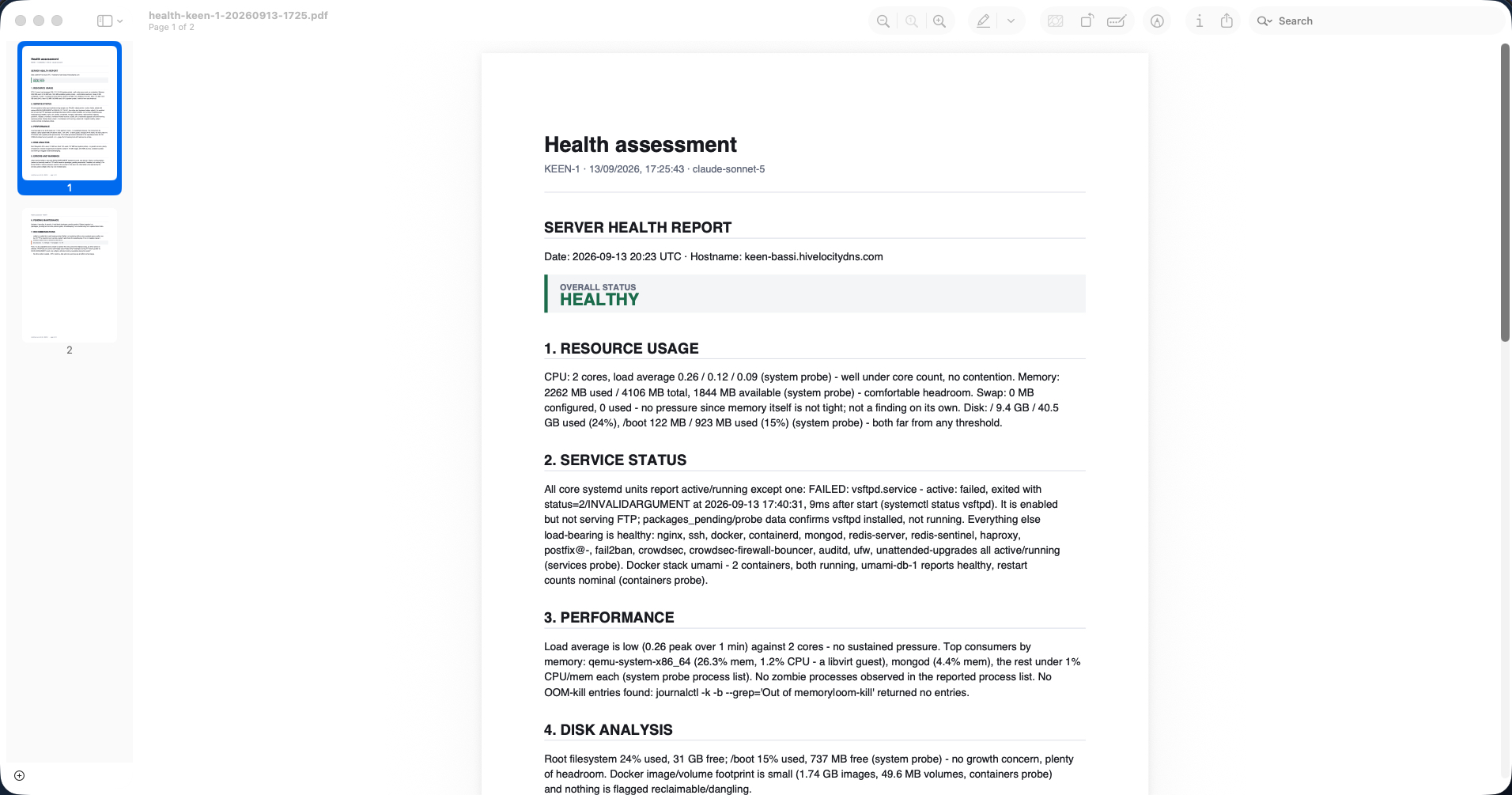 The health assessment as a PDF