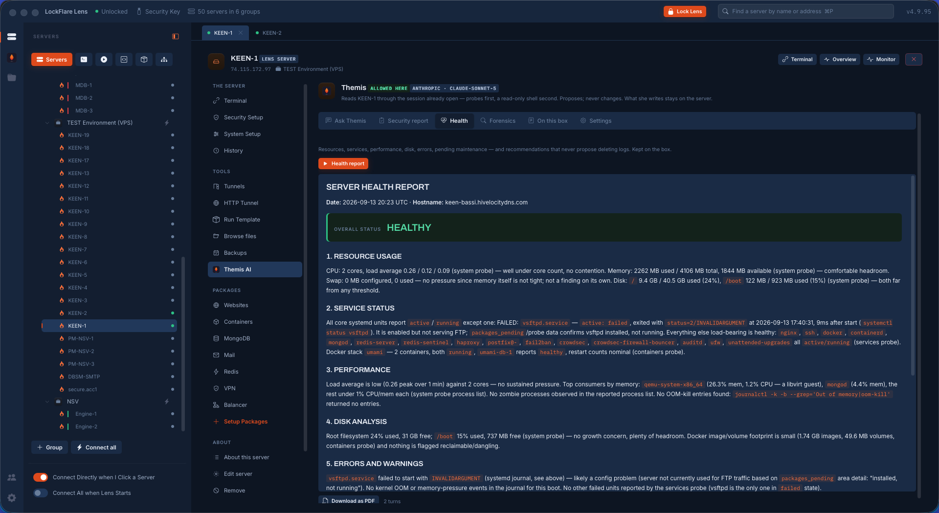 Themis's health report in LockFlare Lens: overall status, resource usage, service status with the one failed unit named, performance, disk