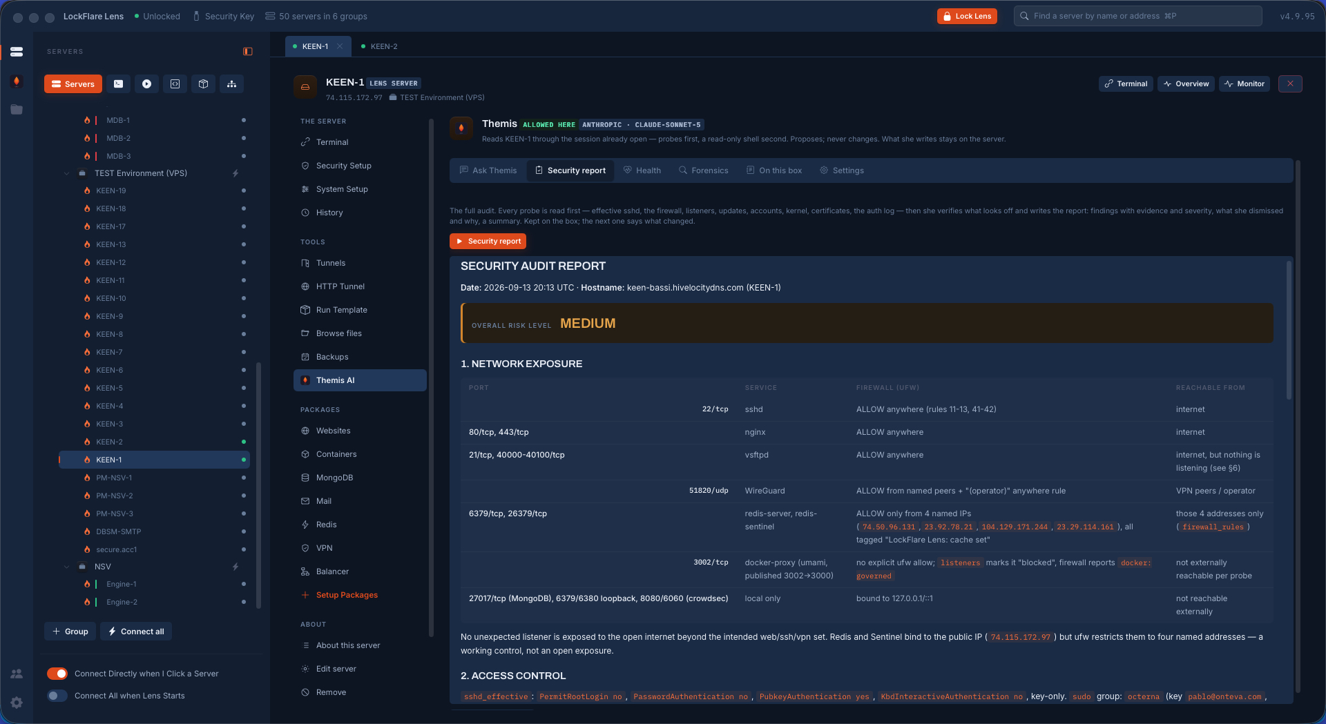 Themis's security audit in LockFlare Lens with an exposure table and findings carrying their evidence