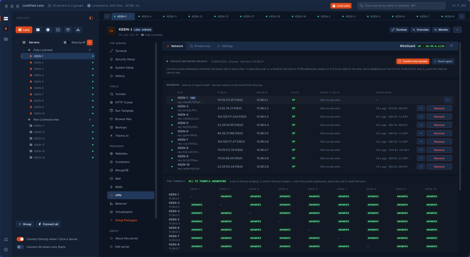 A WireGuard mesh of nine servers in Vigia: every member up, 8 of 8 tunnels alive on each, and all 72 tunnels answering in the matrix
