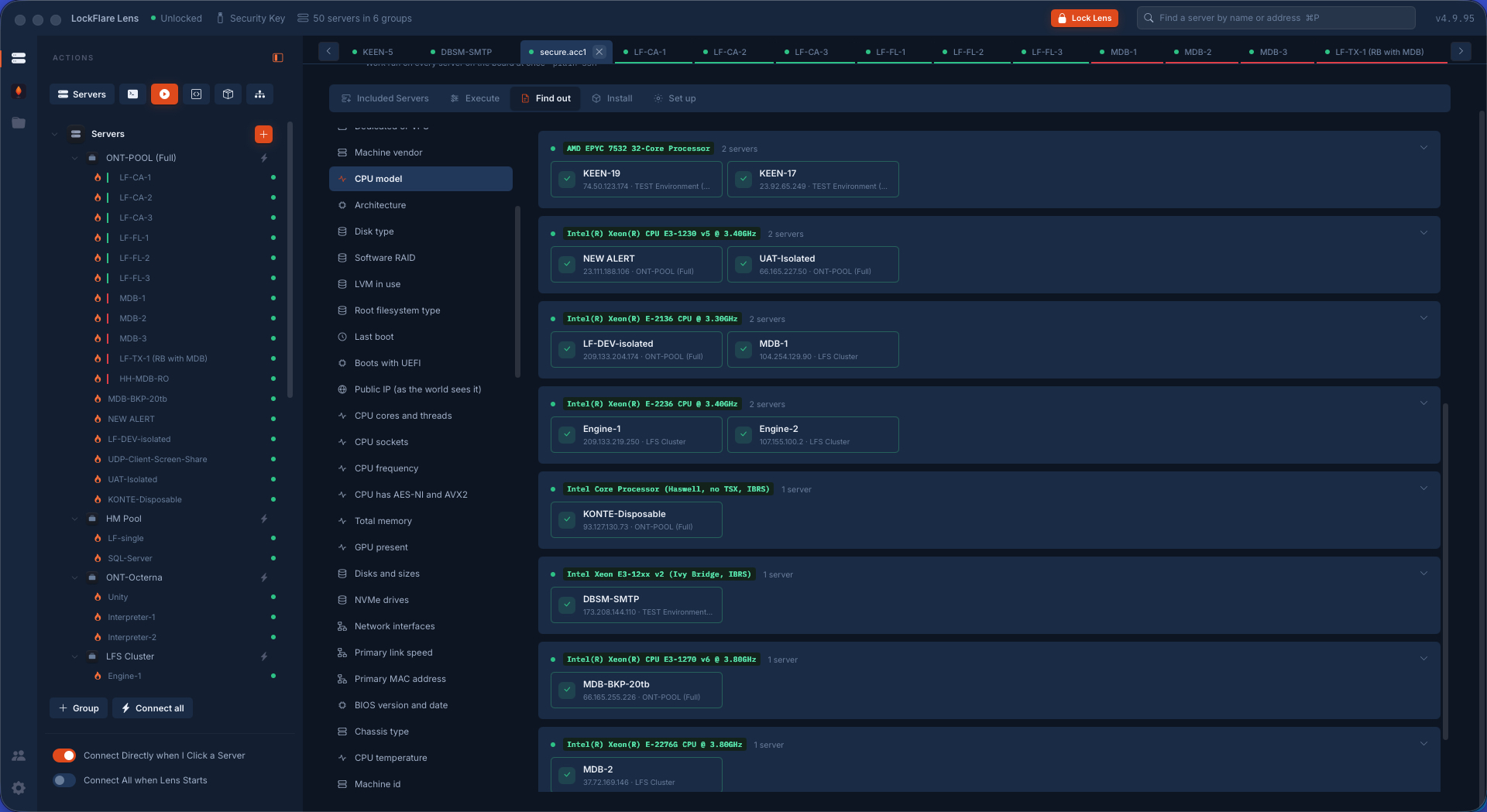 Actions → Find out: one question asked of a board of servers, one answer per box, grouped by answer
