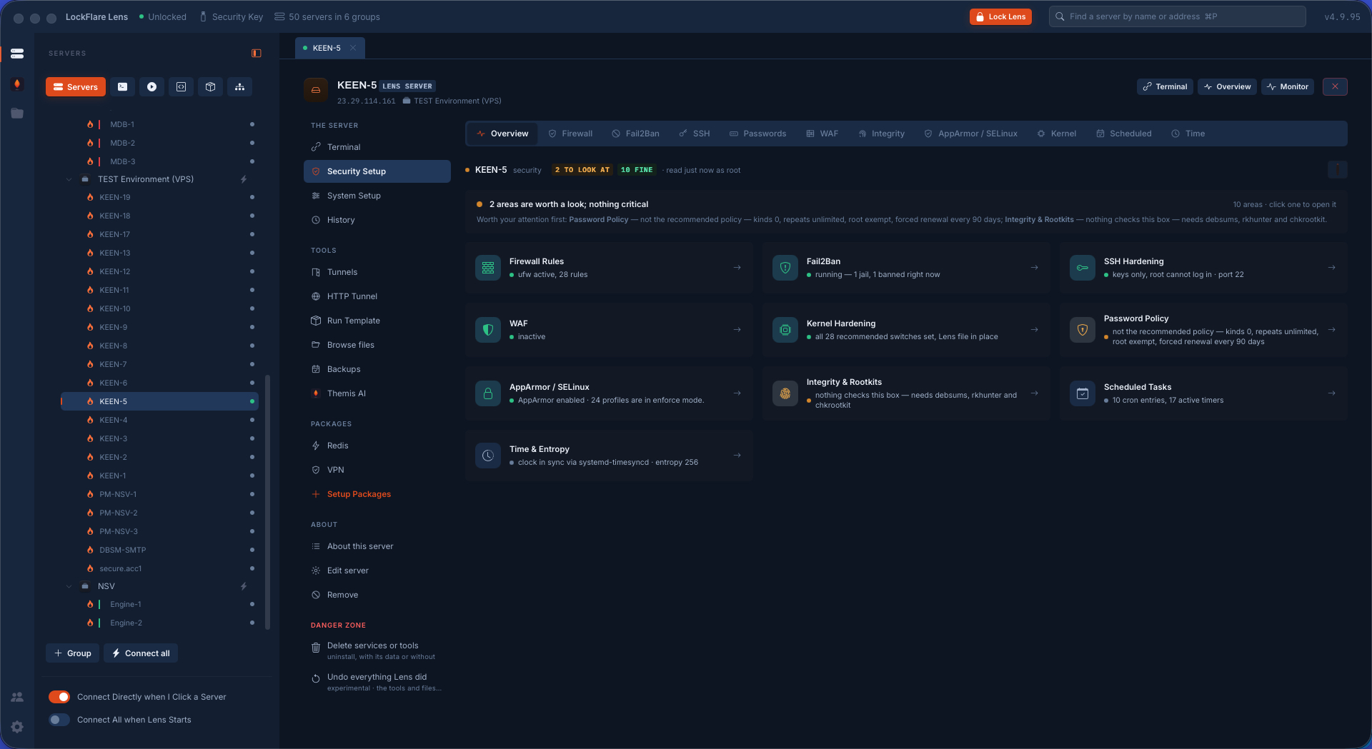 Security Setup Overview: one verdict line and a card per area with its live state