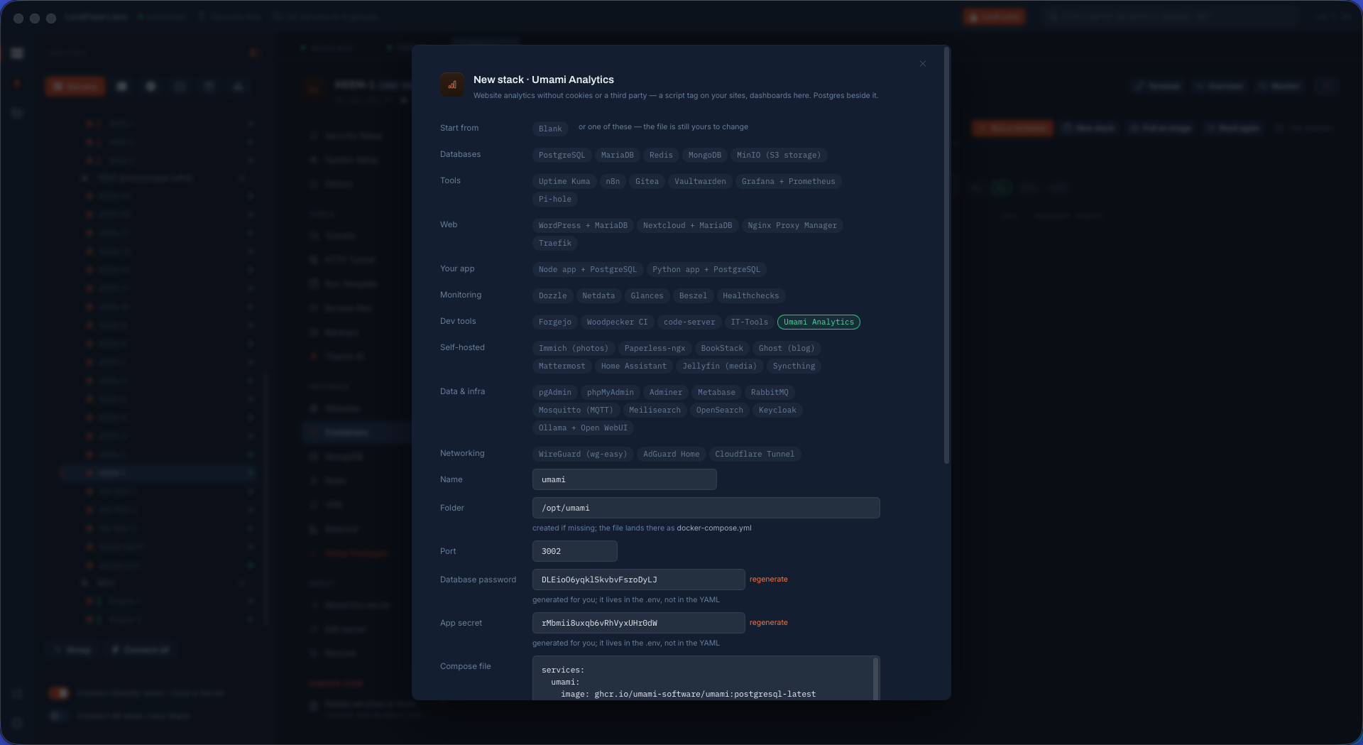 Adding a stack from a template in Lens: the app picked, the three values asked