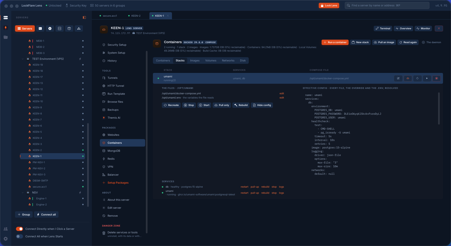 A stack's configuration in Lens: the compose file, its .env with secrets masked, the effective config