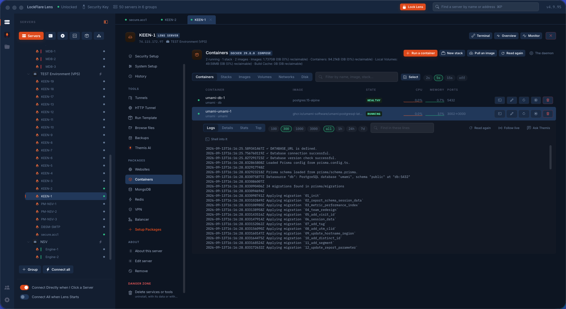 A container's logs in Lens, following live, with Ask Themis beside them