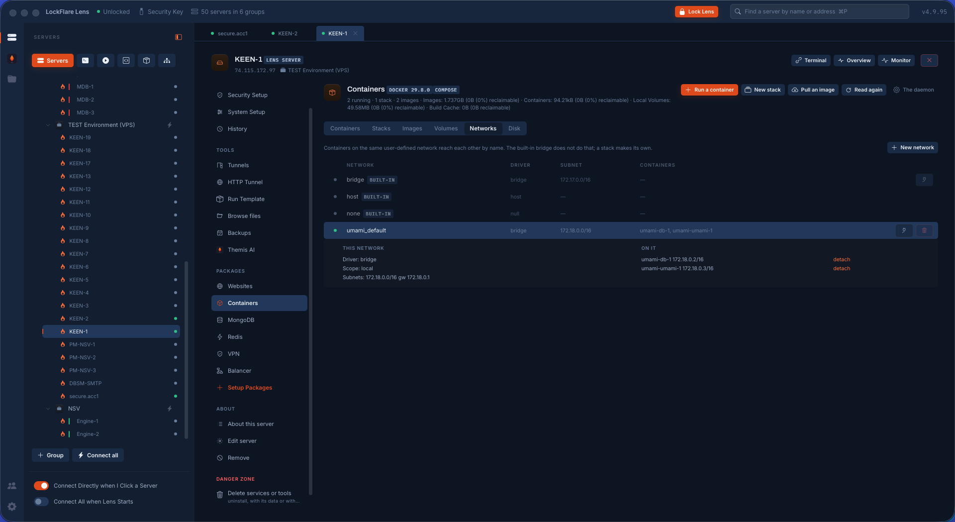 Networks in Lens: each network with the containers attached, new and attach