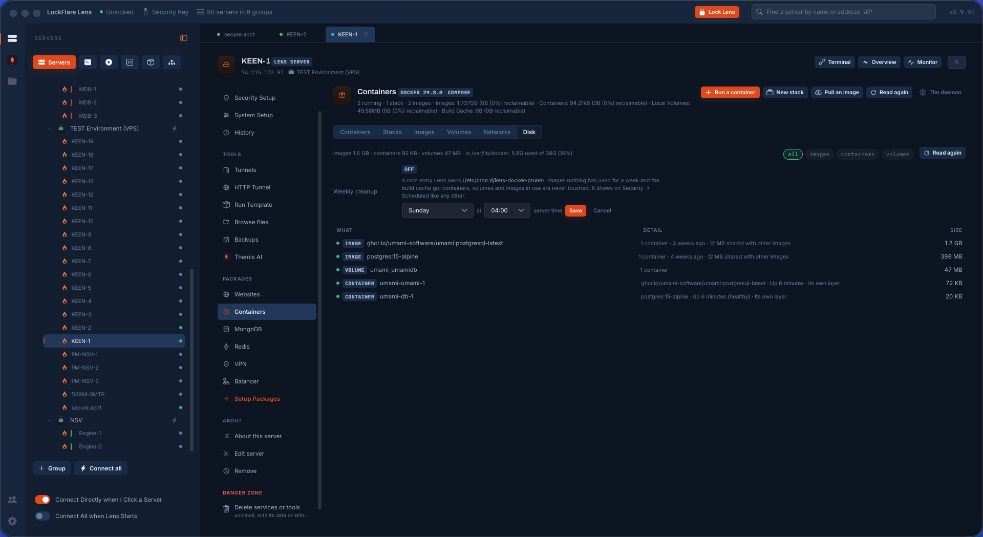Docker disk usage in Lens by kind — images, containers, volumes, build cache — with the cleanups and a prune schedule