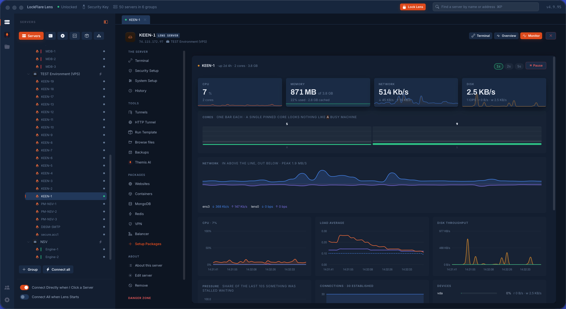 Fifty servers on the Lens map, in their groups, each with its state and what it is waiting on