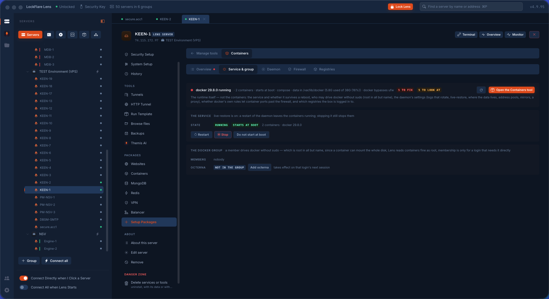 The Docker service in Lens: running, at boot, start, stop, restart, and the docker group