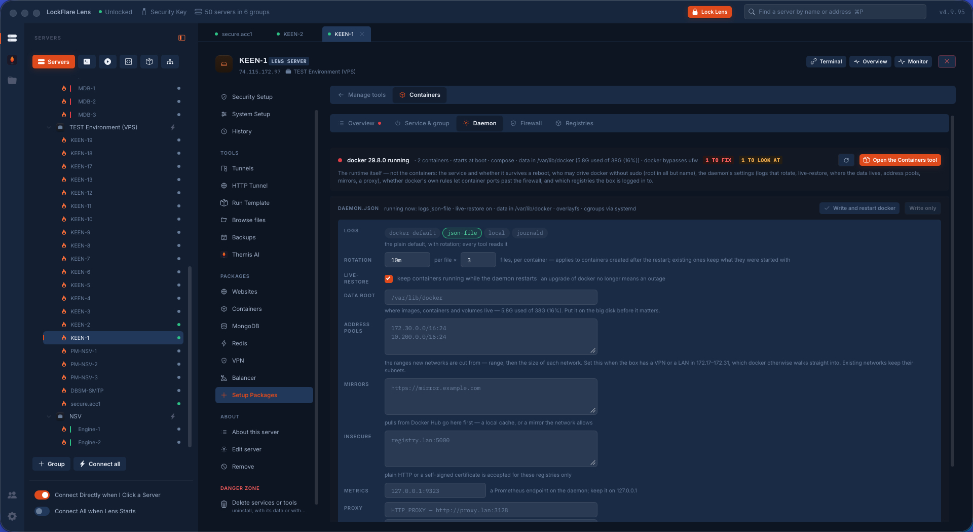 The daemon's configuration in Lens: log rotation, live-restore, data root, each said in words