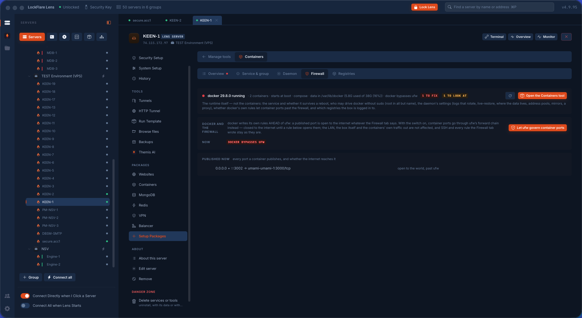 The Docker firewall screen in Lens: let ufw govern Docker's ports, with what that writes explained