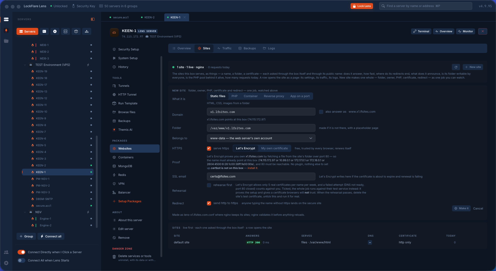 Adding a site in Lens with HTTPS from Let's Encrypt as part of the same job