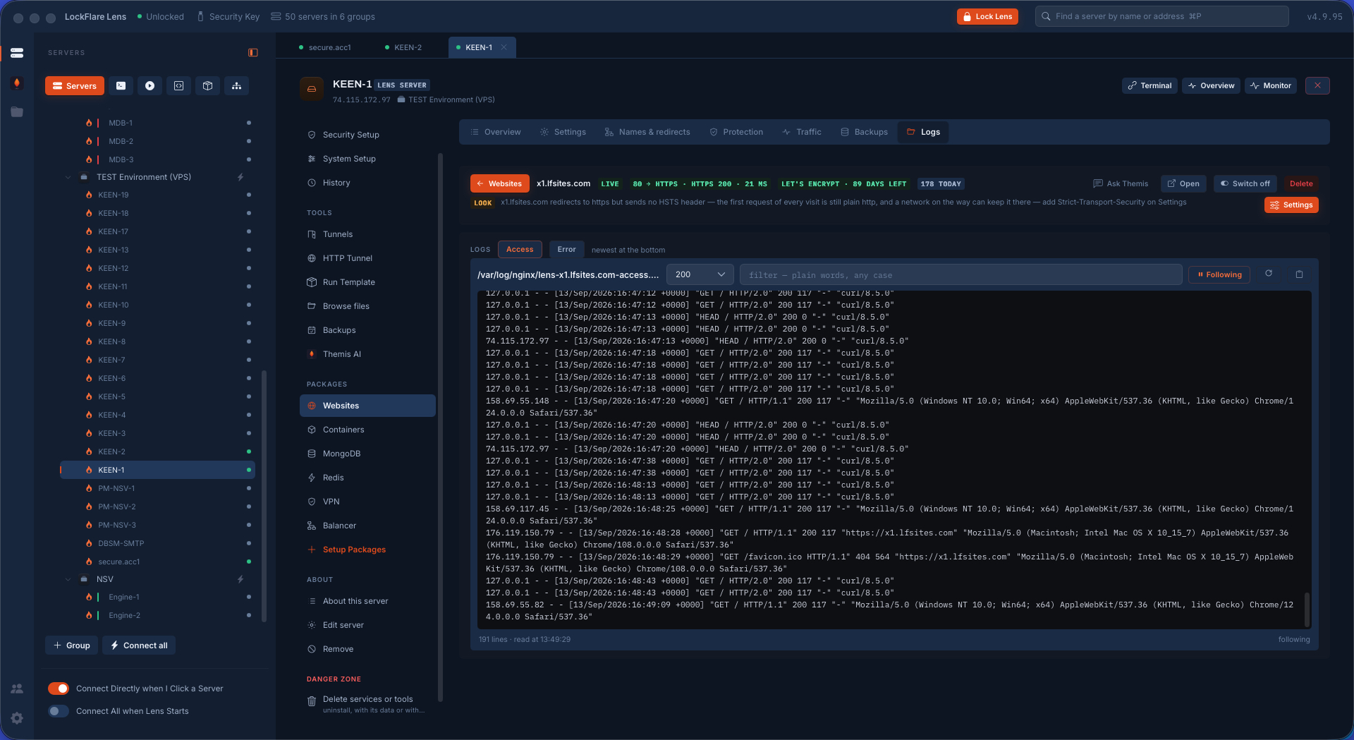 A site's logs, live
