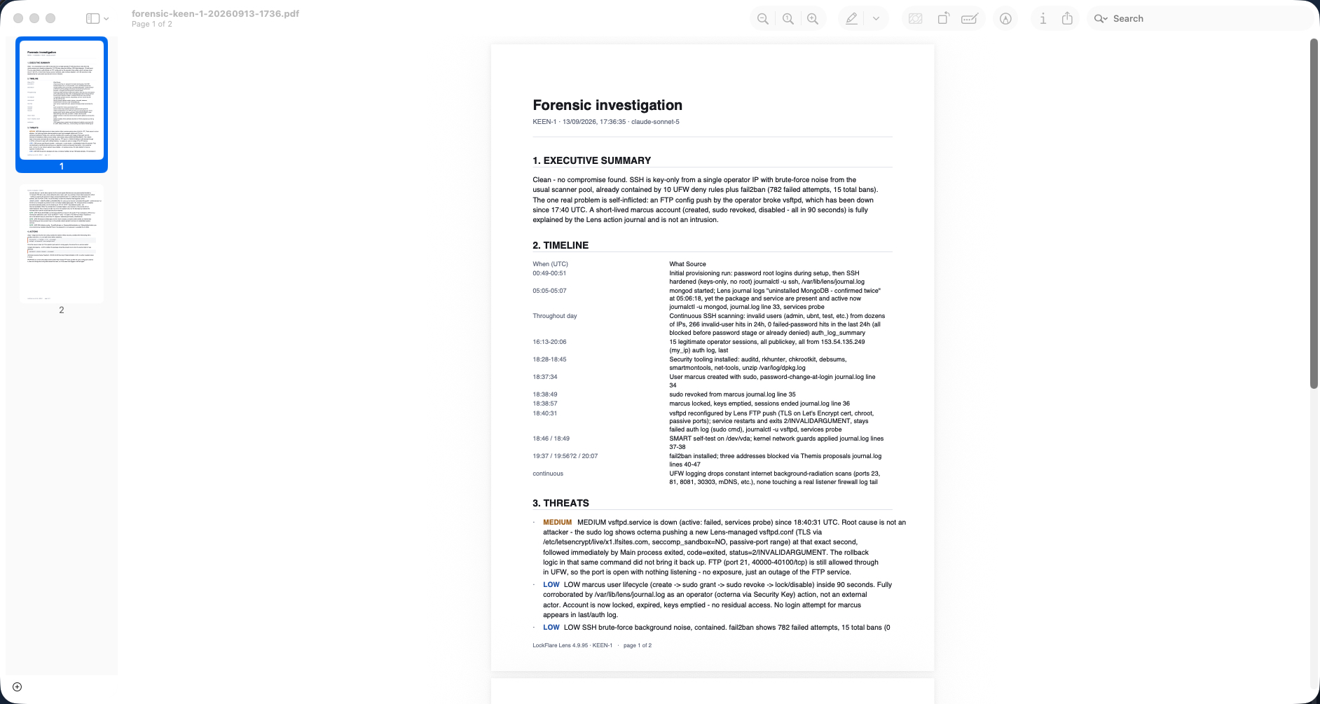 The forensic investigation as a PDF, with the timeline, threats by severity and the actions