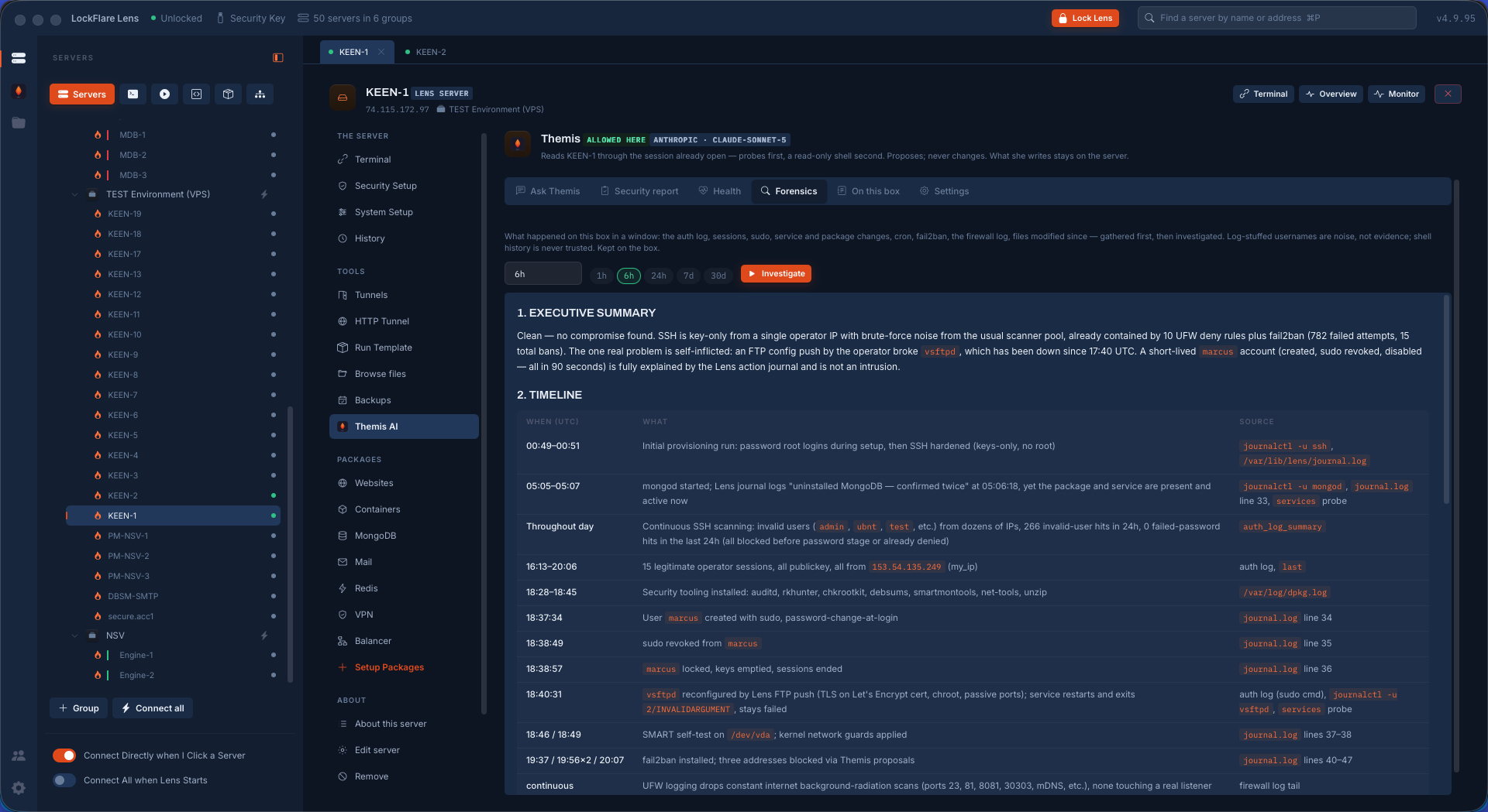 Forensics in LockFlare Lens: choose a window — 1h, 6h, 24h, 7d, 30d — then the executive summary and a timeline where every row names its source
