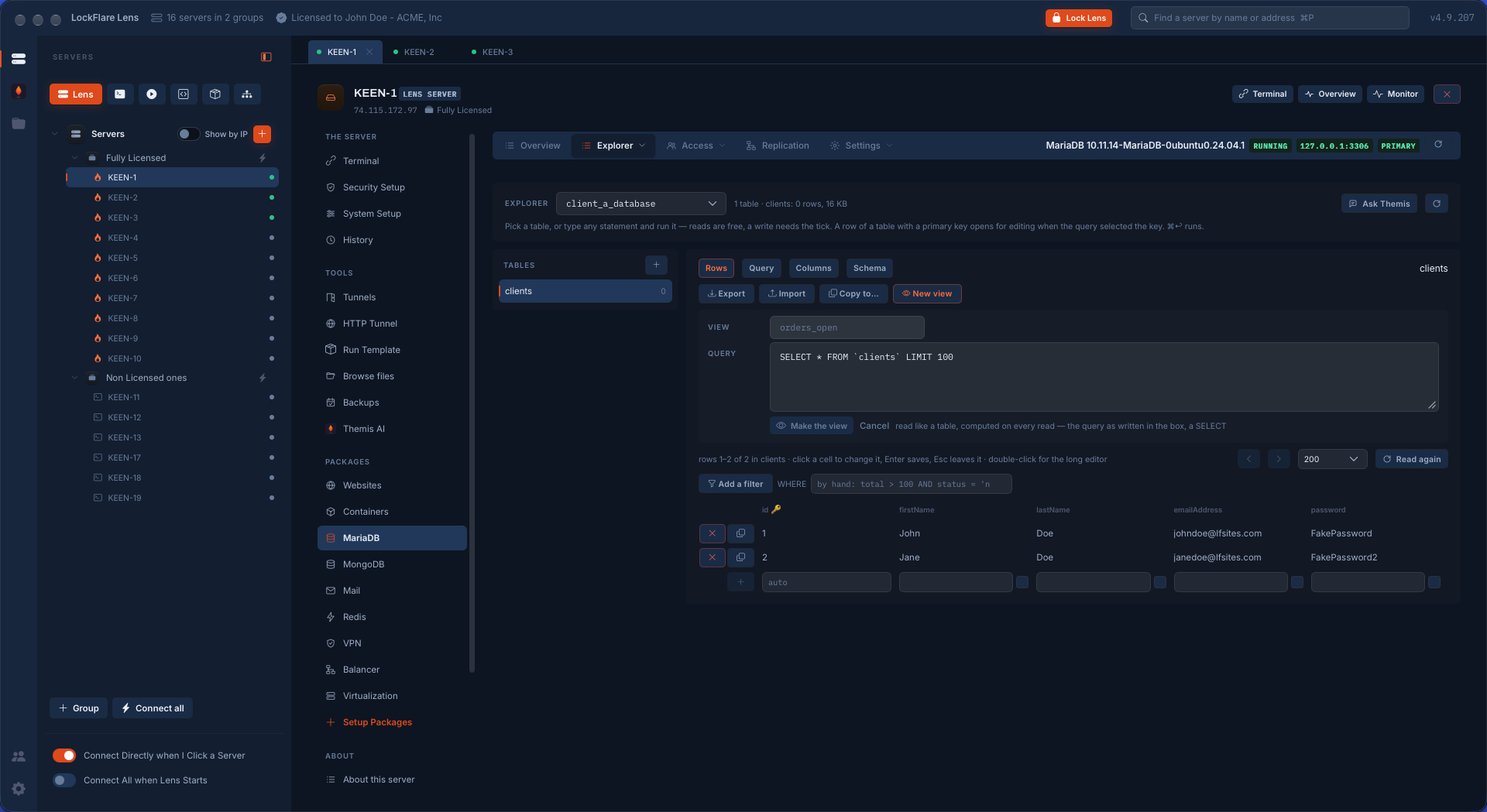 The MariaDB explorer in LockFlare Vigia: a table's rows in a grid edited in place, a filter, a query box and a view being made