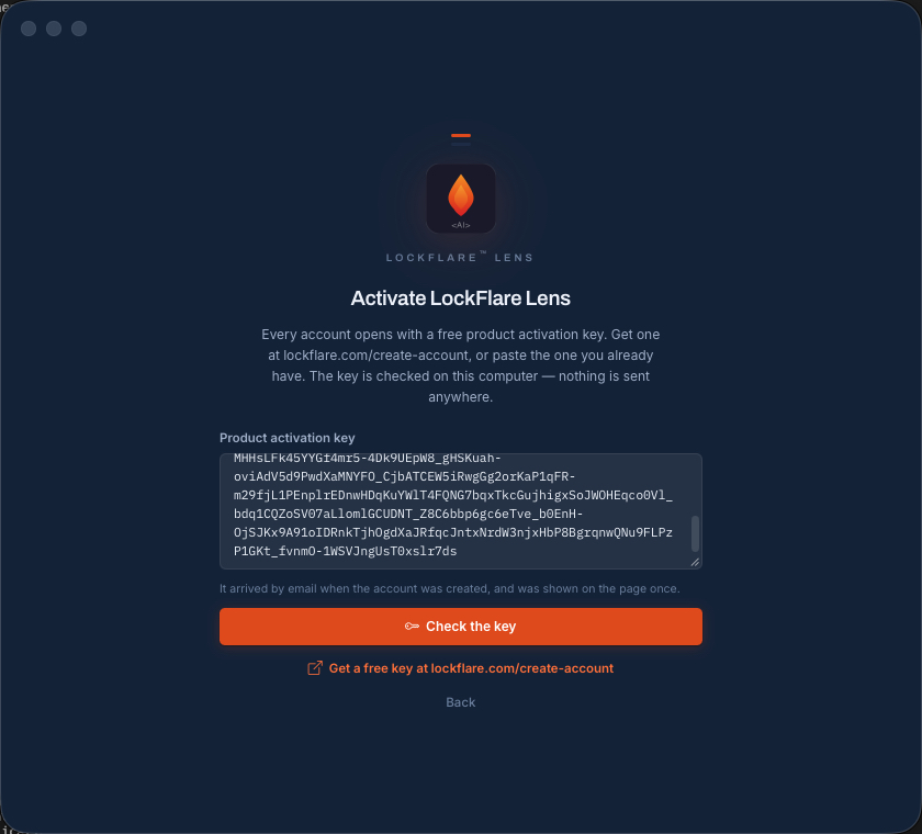 The activation key pasted into LockFlare Lens and checked on this computer