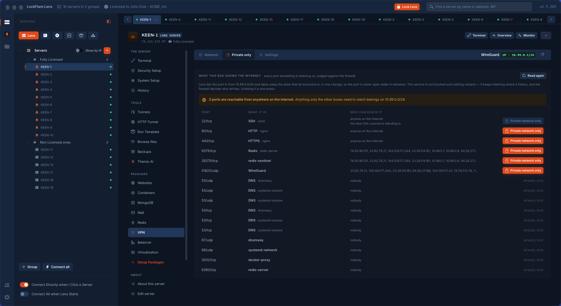 The Private only tab: every listening port with who can reach it