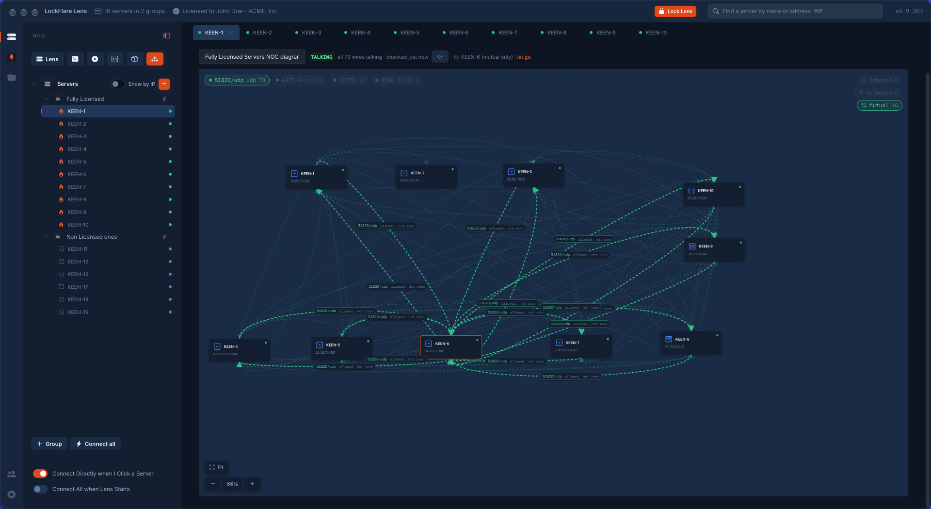 All 73 WireGuard wires talking, one server lit to show its mutual connections