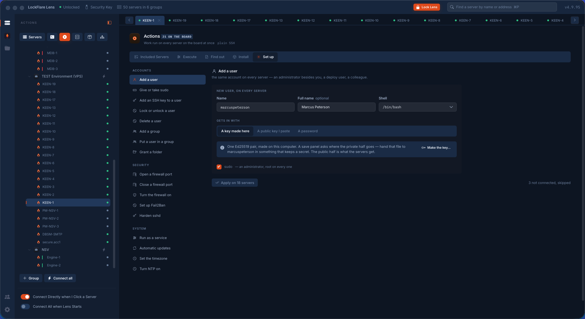 Add a user in LockFlare Lens: the same account on every server on the board, with a shell, sudo and a key