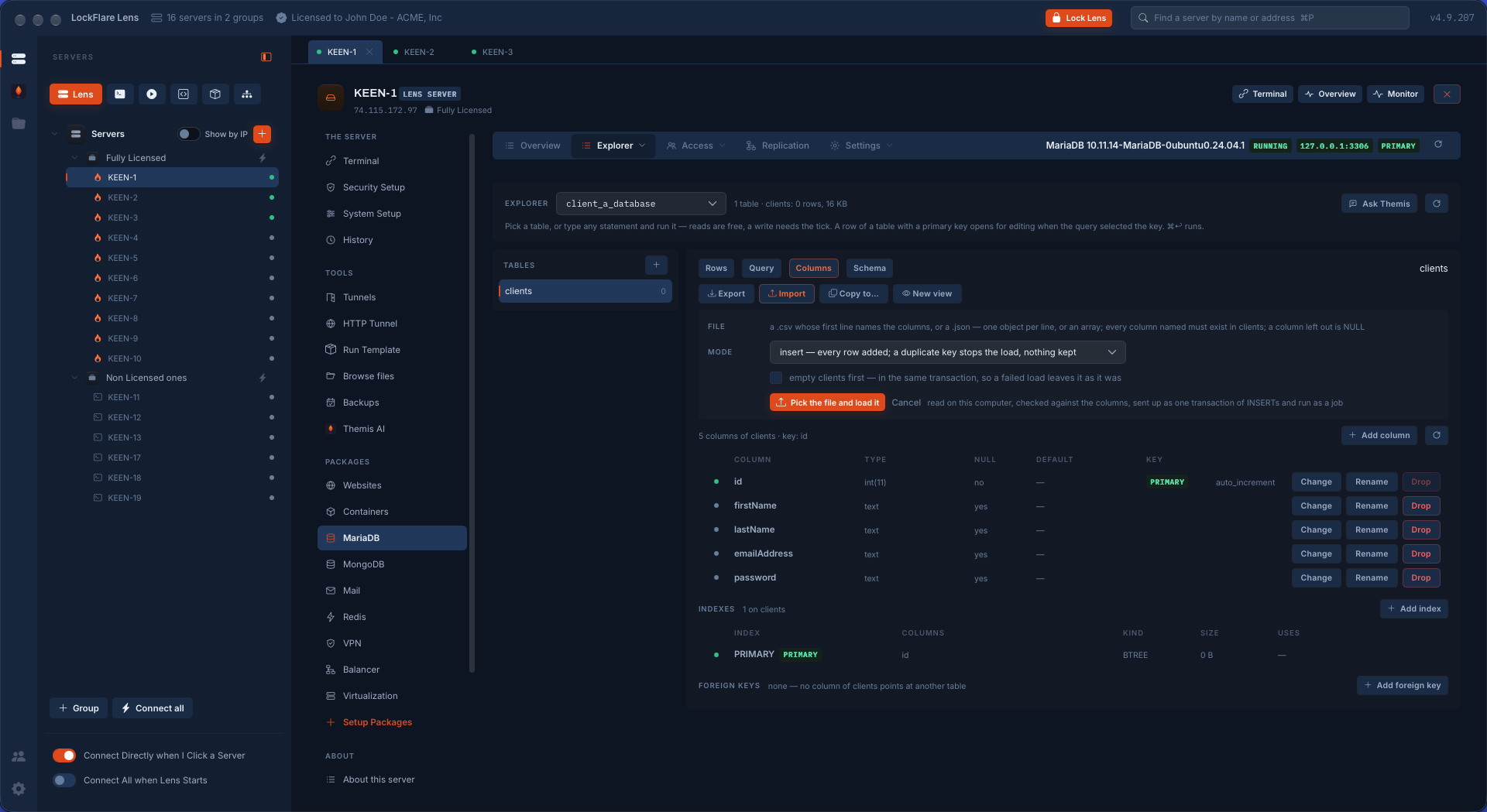 A MariaDB table's structure in LockFlare Vigia: columns with type, null and default, each with change, rename and drop, the indexes, the foreign keys, and importing a CSV or JSON file as one transaction