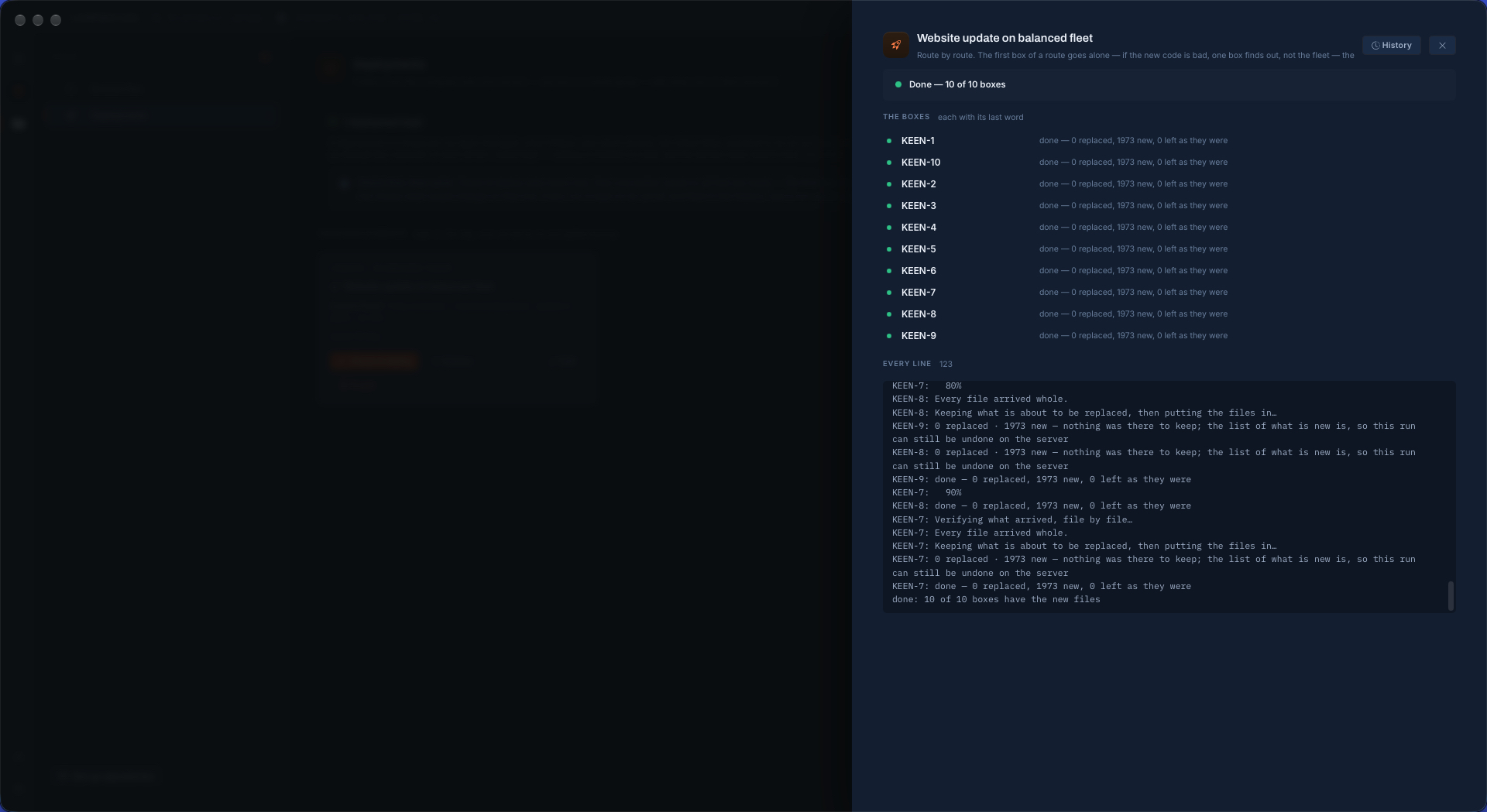 A deployment finished on ten servers in Vigia: every box done, 1973 new files each, 10 of 10 boxes have the new files