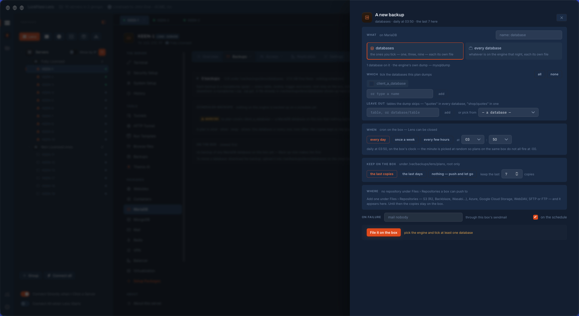Scheduling a MariaDB backup in LockFlare Vigia: which databases, tables to leave out, daily from cron on the server, how many copies to keep, where to push them and who to mail on failure