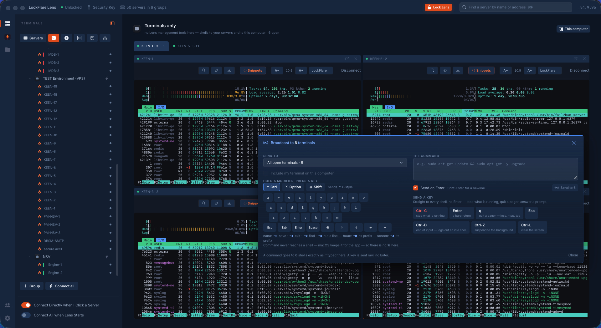 htop running in six terminals in LockFlare Lens — four split on one page and two on another — with the broadcast panel open