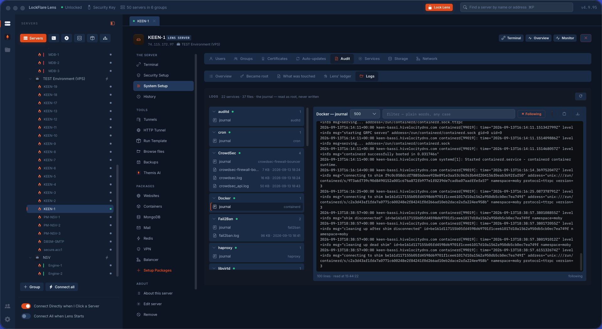 Any log on the server opened in LockFlare Lens and followed in real time