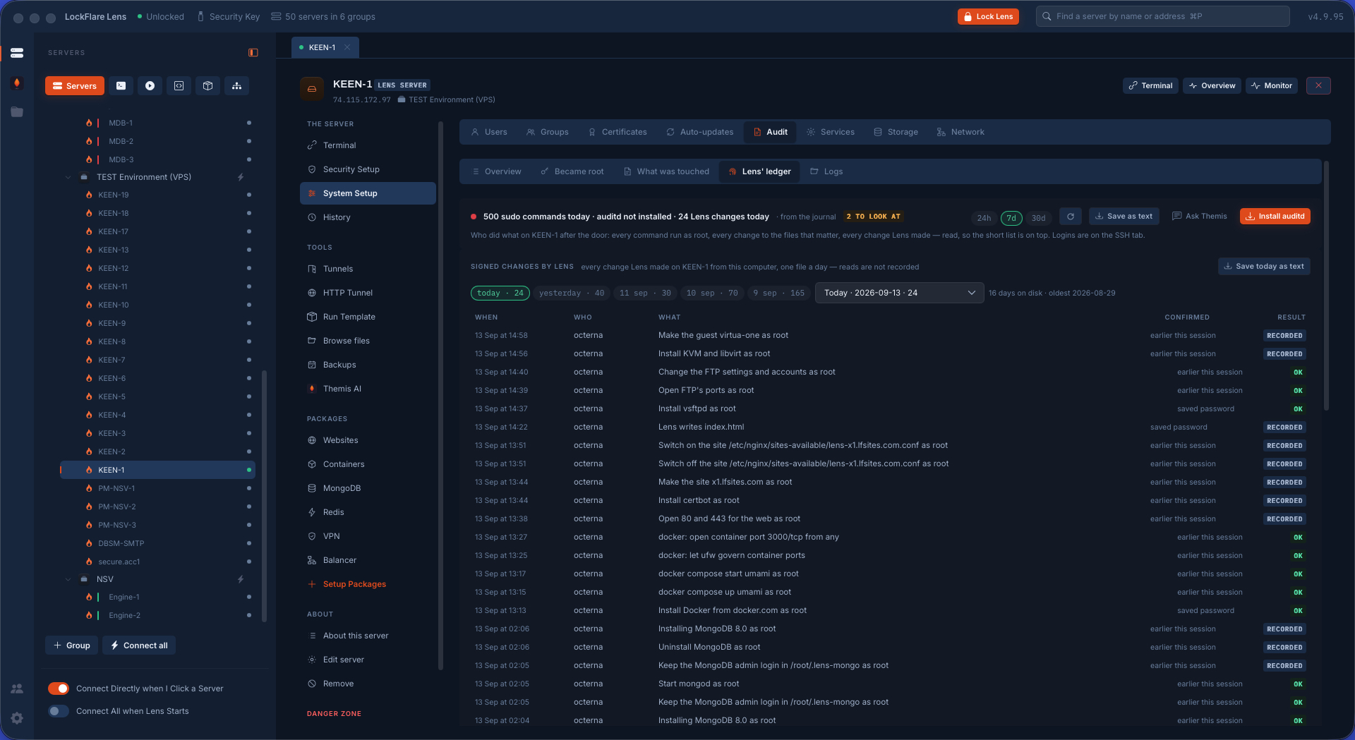 Audit in LockFlare Lens: every sudo command from the journal with a verdict, plus auditd's watches and Lens's own ledger