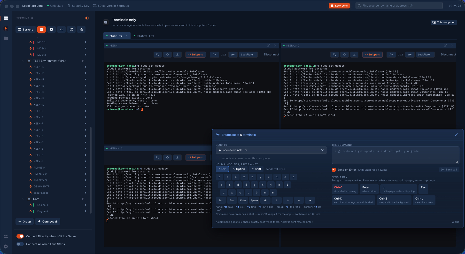 A package update running in six terminals at once in LockFlare Lens, each box answering with its own mirrors and timings