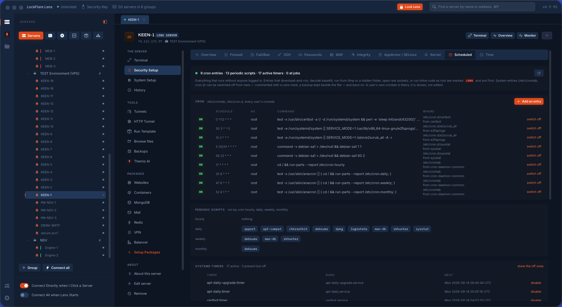 Scheduled tasks in LockFlare Lens: cron in all its places, systemd timers and at jobs, with who runs each