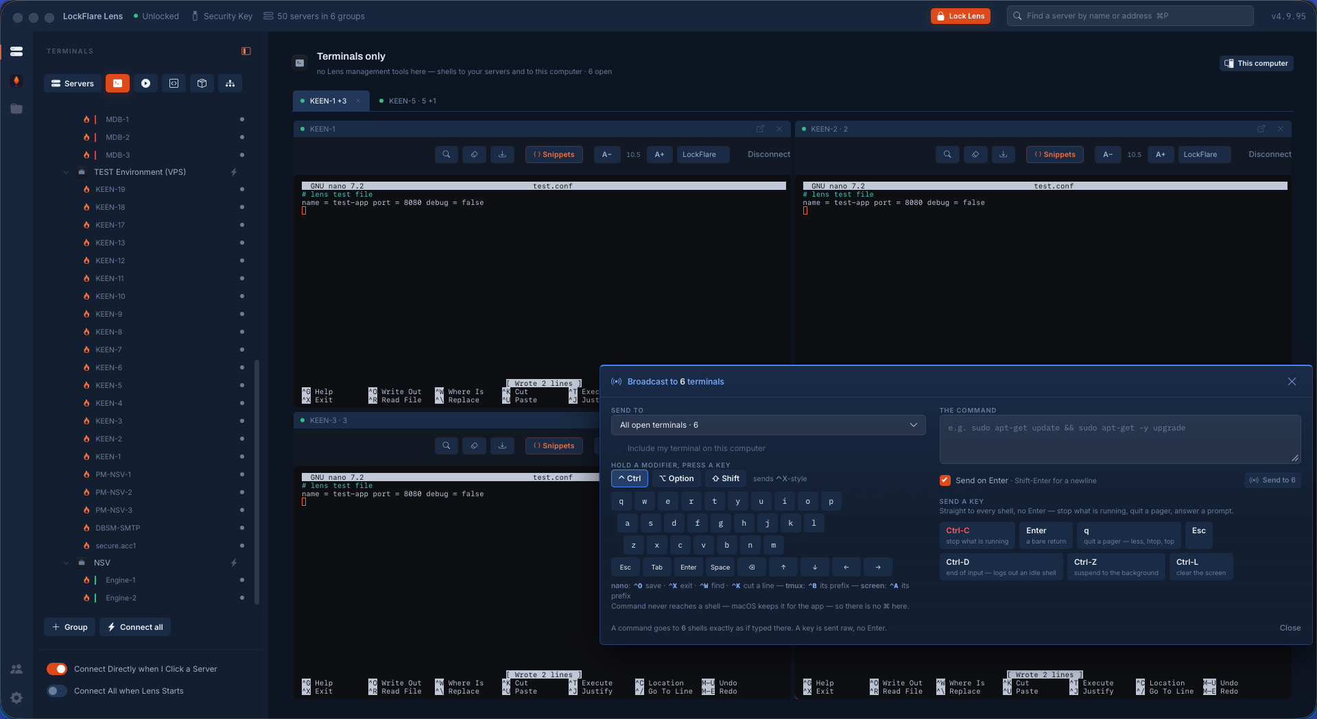 The write-out and exit keys sent to six nano sessions at once, each reporting the file written