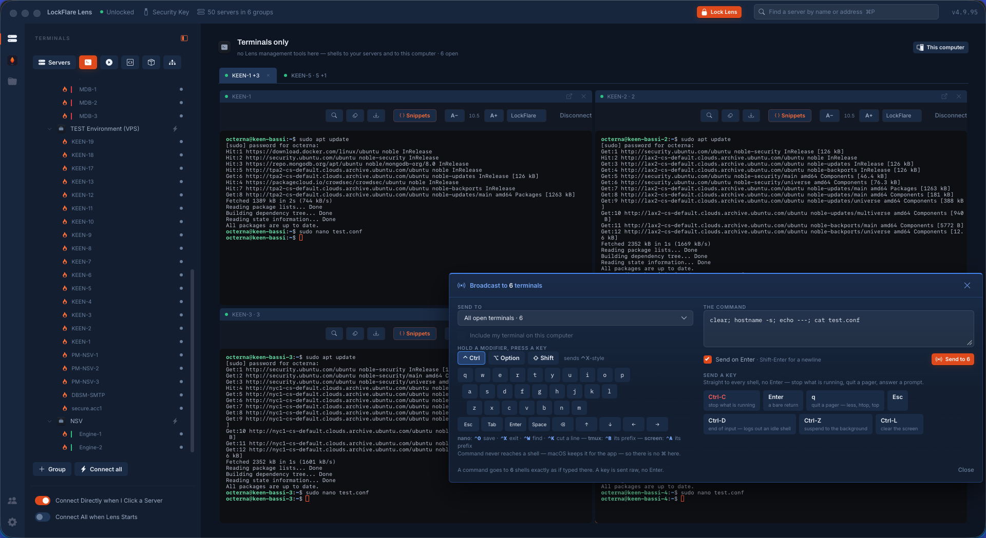 A one-line command typed into the broadcast panel in LockFlare Lens to clear each screen, print the hostname and print the new file