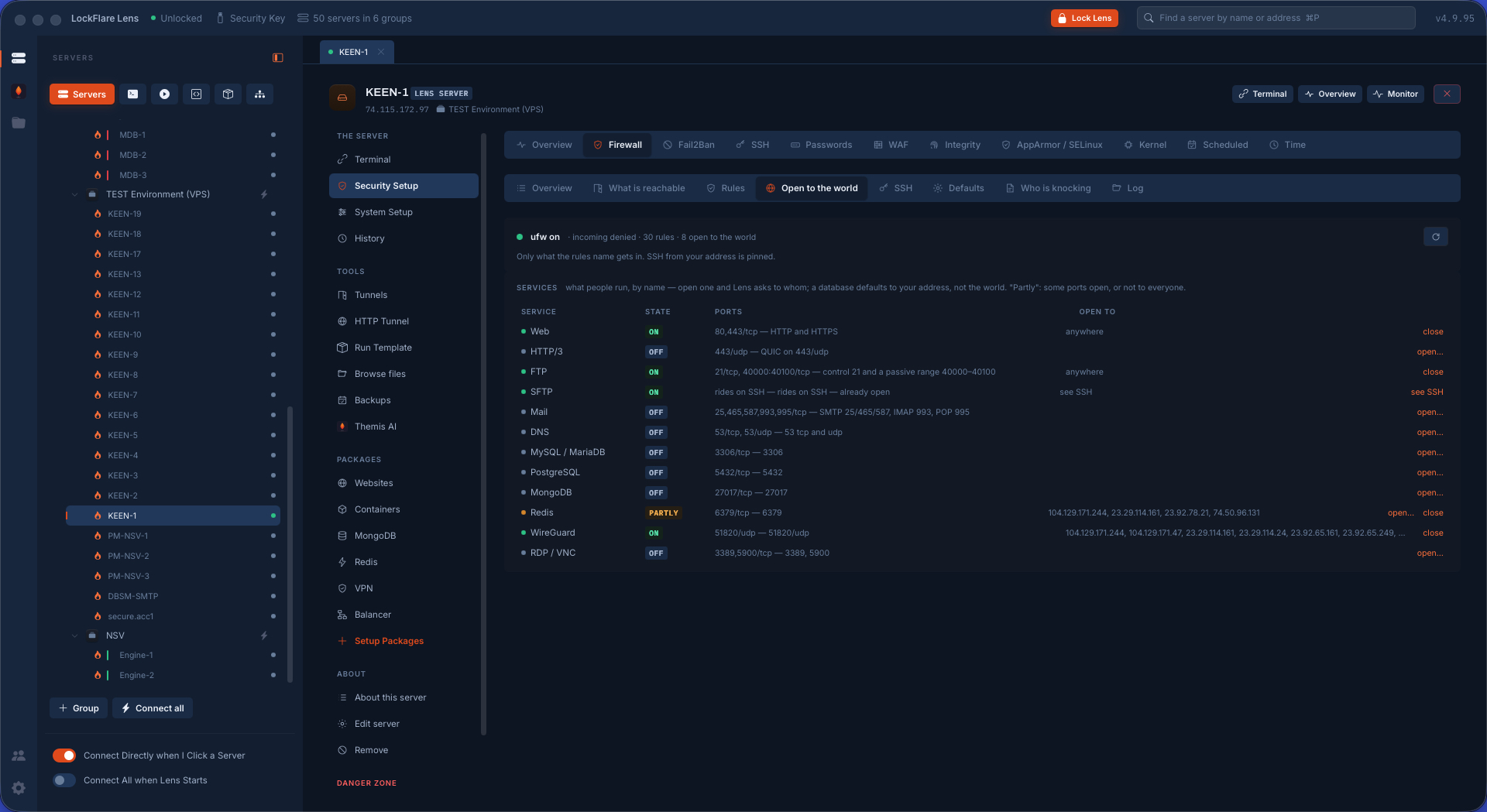 The firewall in LockFlare Lens: on, its defaults explained, every rule folded with its v6 twin, and who may reach SSH