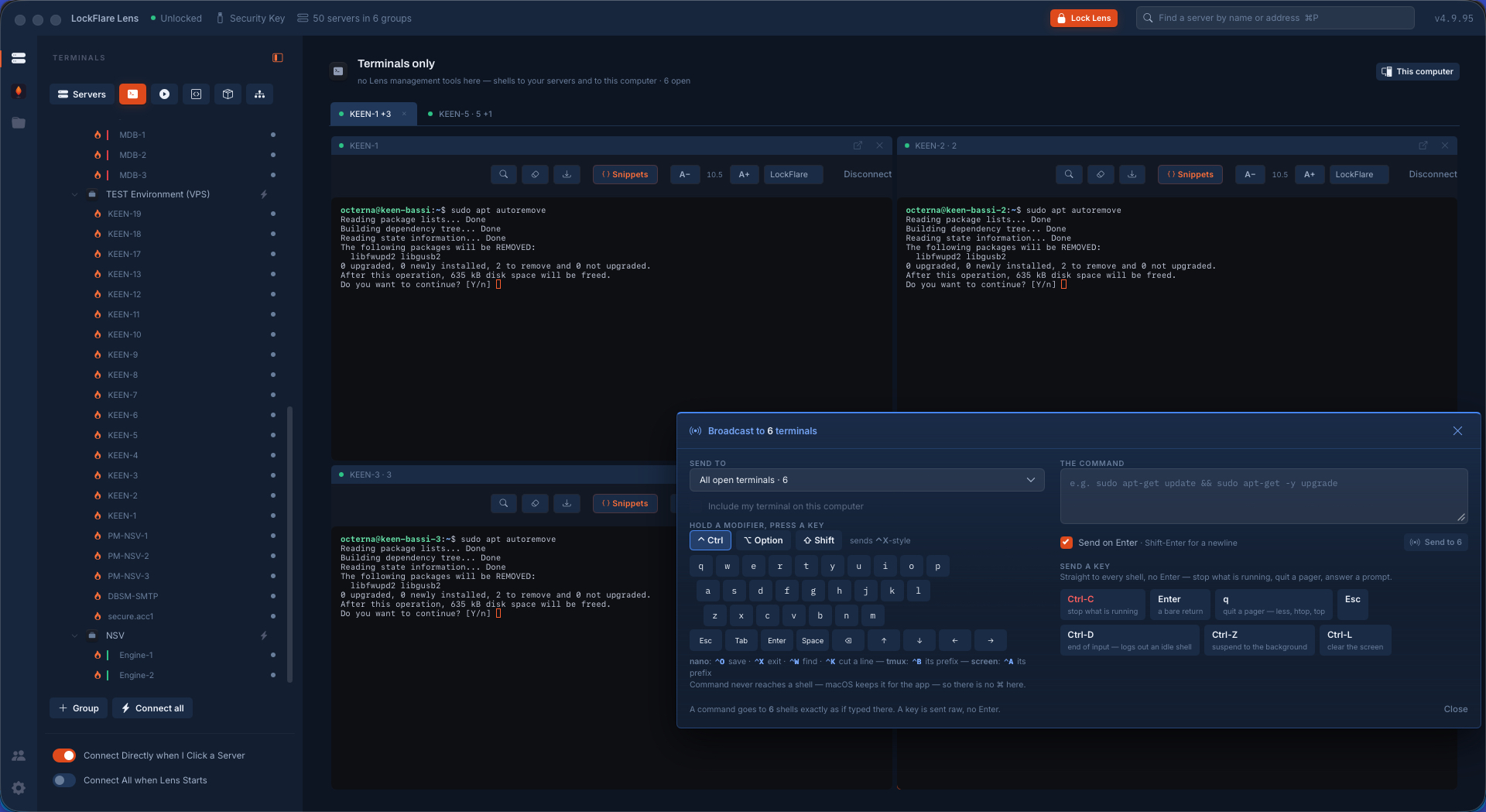 Six servers in LockFlare Lens all stopped at the same yes-or-no prompt from a package removal