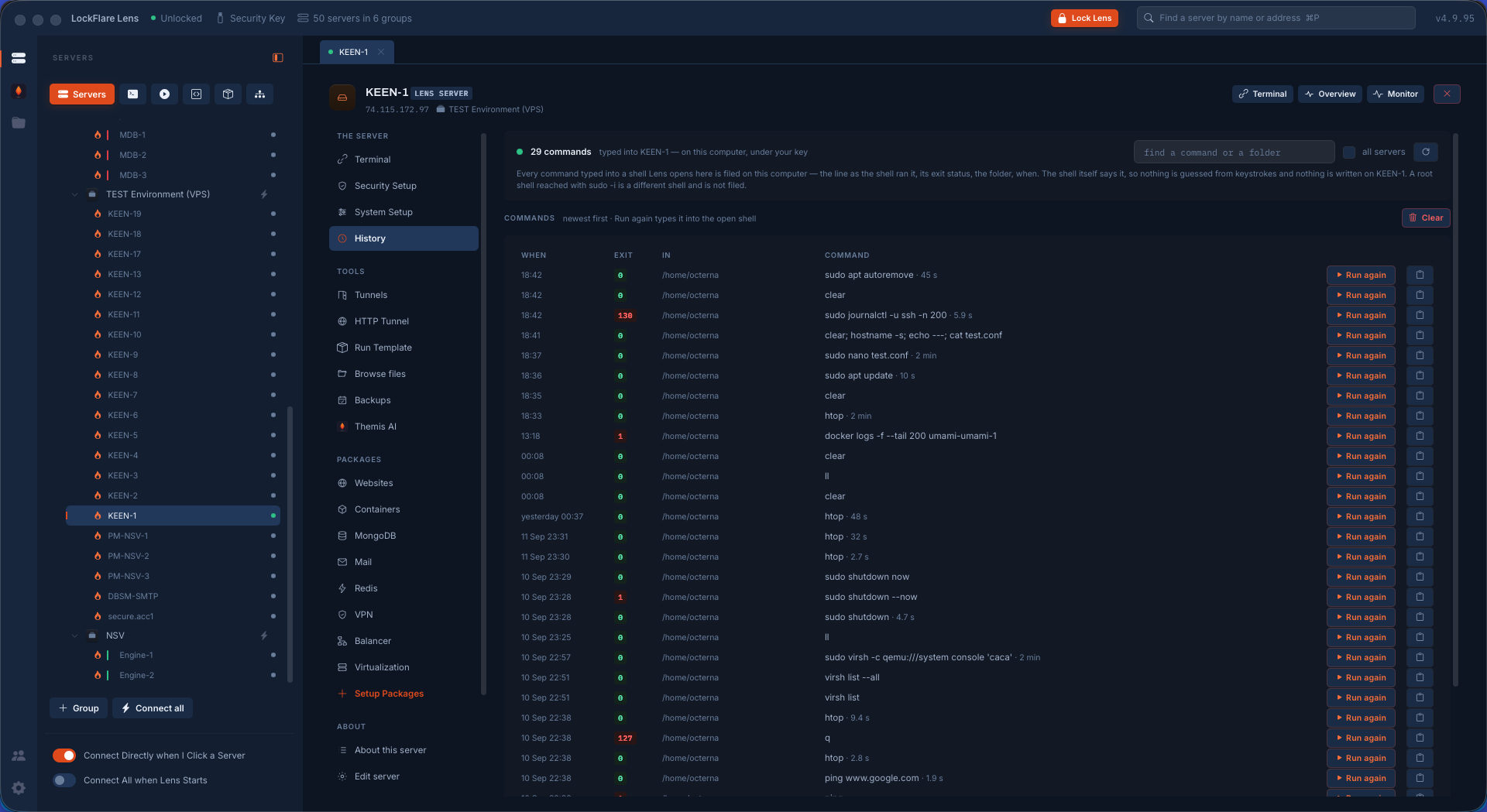 Command history in LockFlare Lens: every command typed into a shell for this server with its exit status, the folder, when it ran and how long it took, each with Run again
