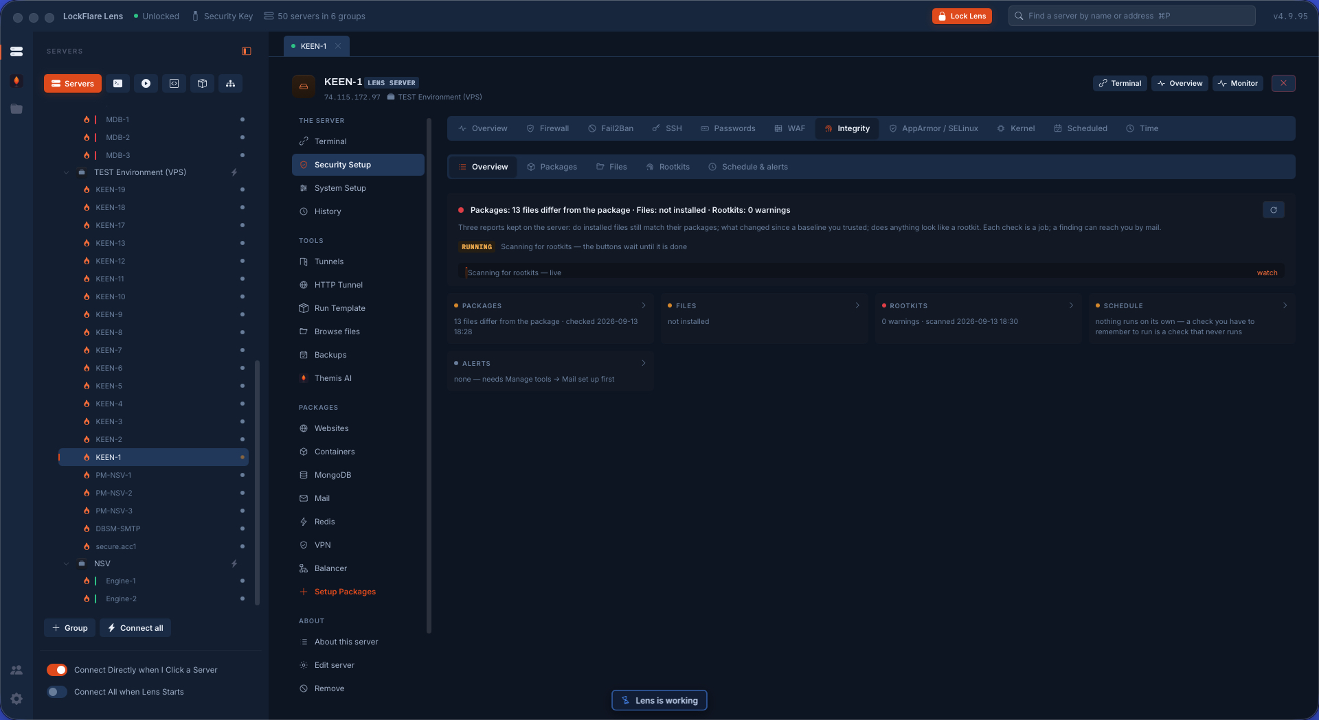 Integrity and rootkits in LockFlare Lens: the package check, the AIDE baseline and the rootkit scan with their reports and schedule