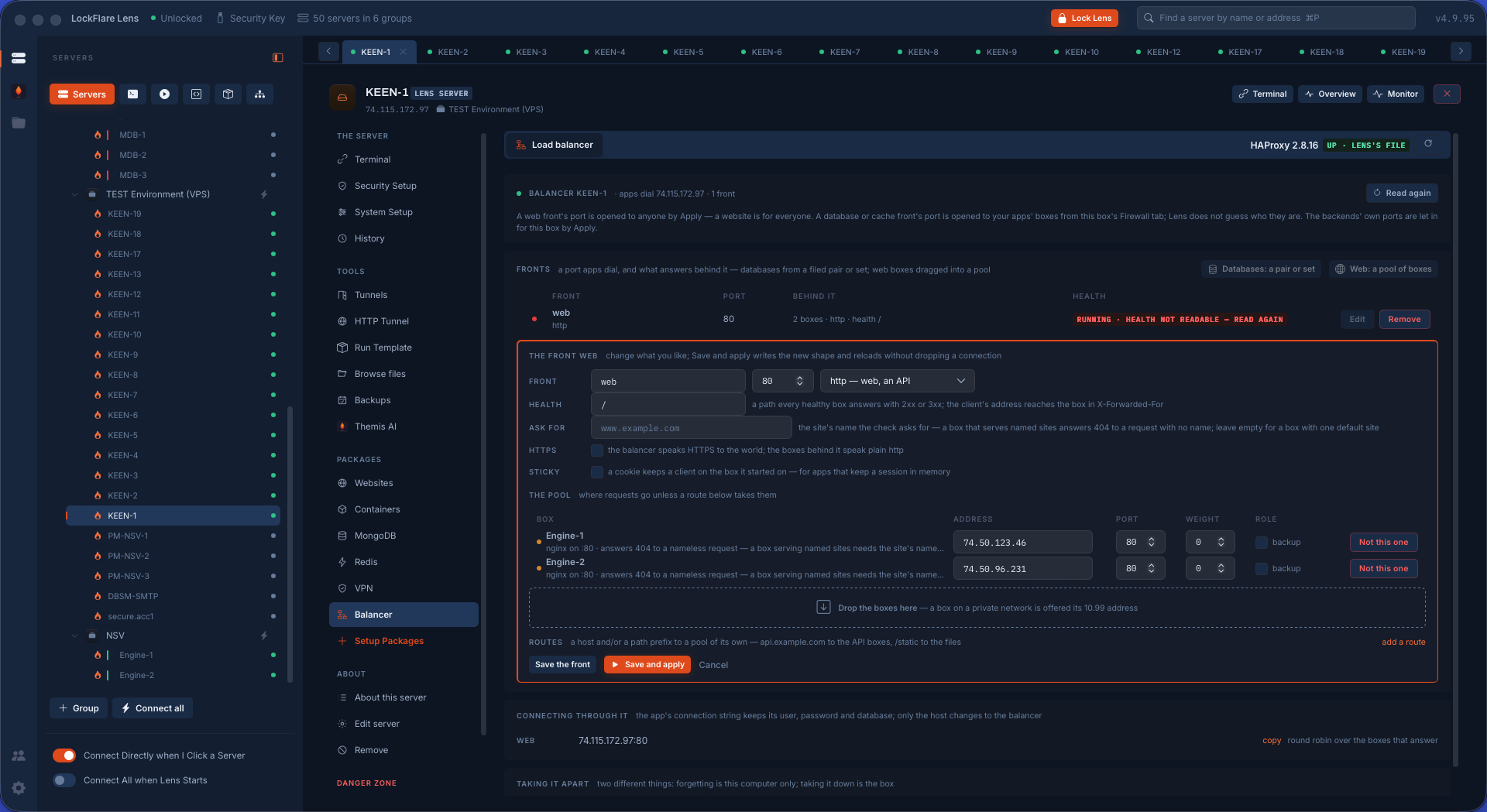 The Load balancer tool in Lens: HAProxy on the box with its fronts, each with its backends and their health