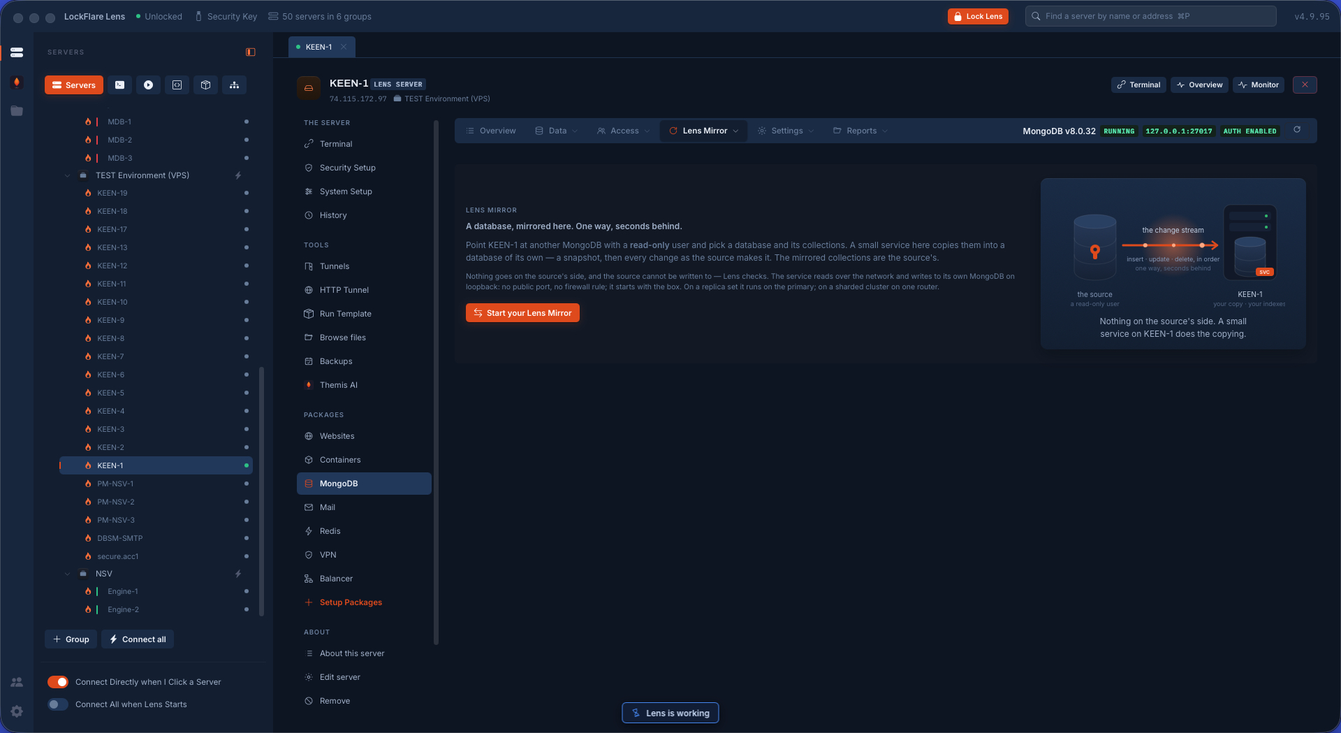 Lens Mirror: one database of another MongoDB copied into a database on this box — the source, the collections, the worker and the copy as it goes