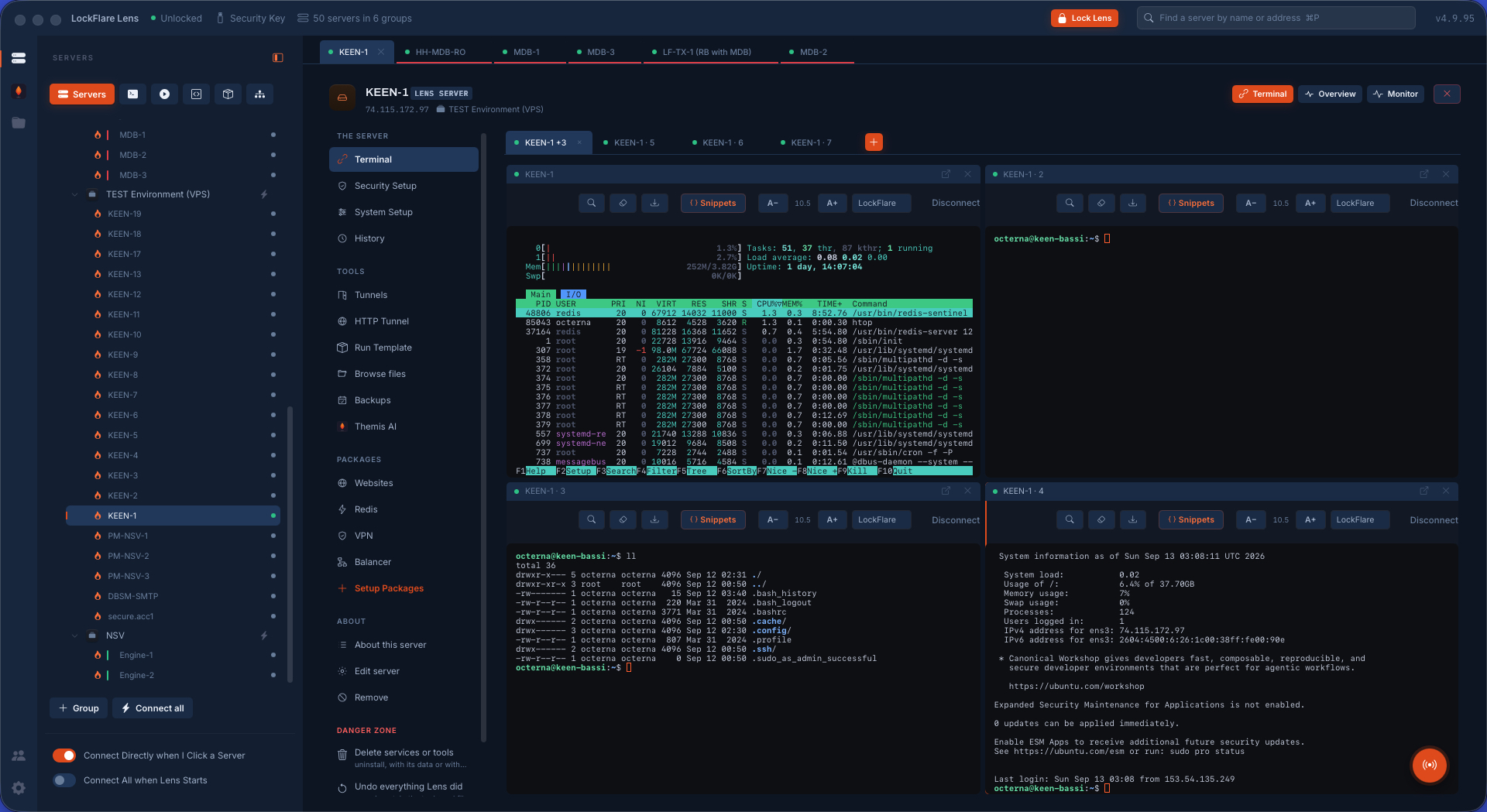 LockFlare Lens: the server tree on the left, four terminals split across the screen, each with its server's colour band
