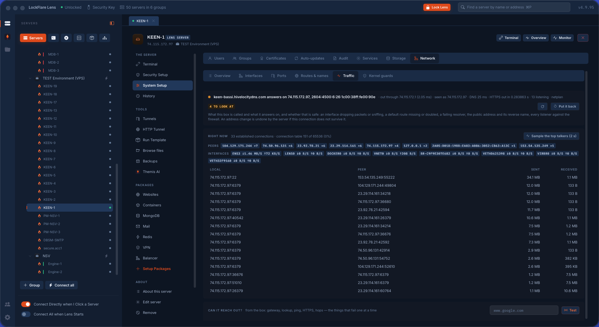 Network traffic in LockFlare Lens, read from the box's own counters
