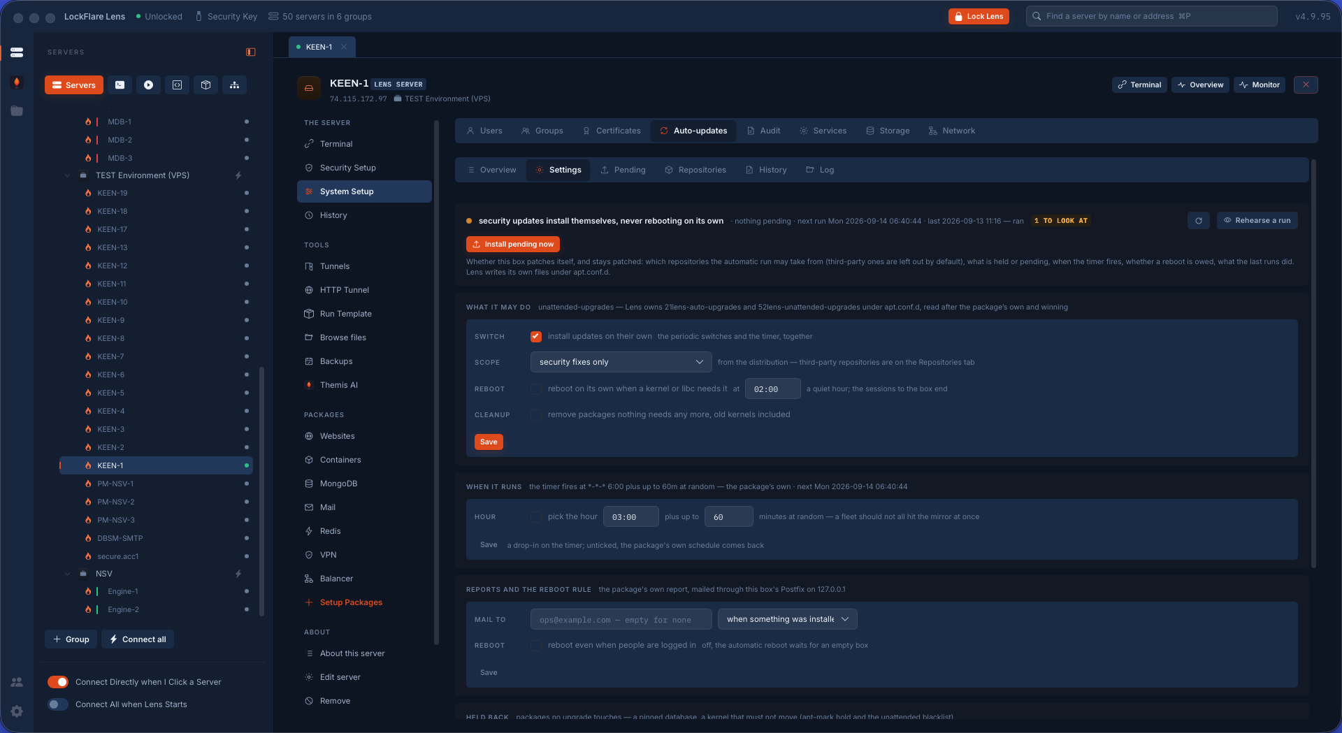 Automatic updates in LockFlare Lens: which repositories the run may take from, what is held back, what is pending, and when the timer fires