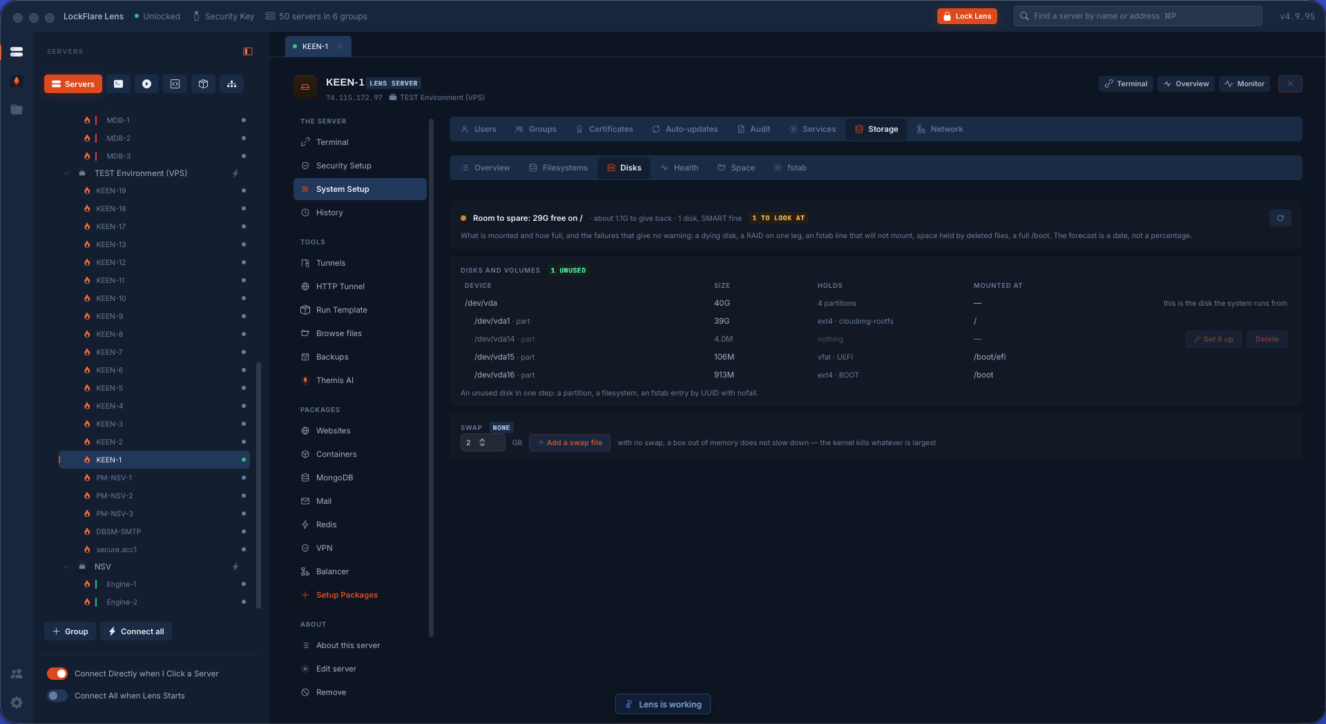 Storage in LockFlare Lens: the disks as they physically are, preparing a volume, LVM, swap and fstab