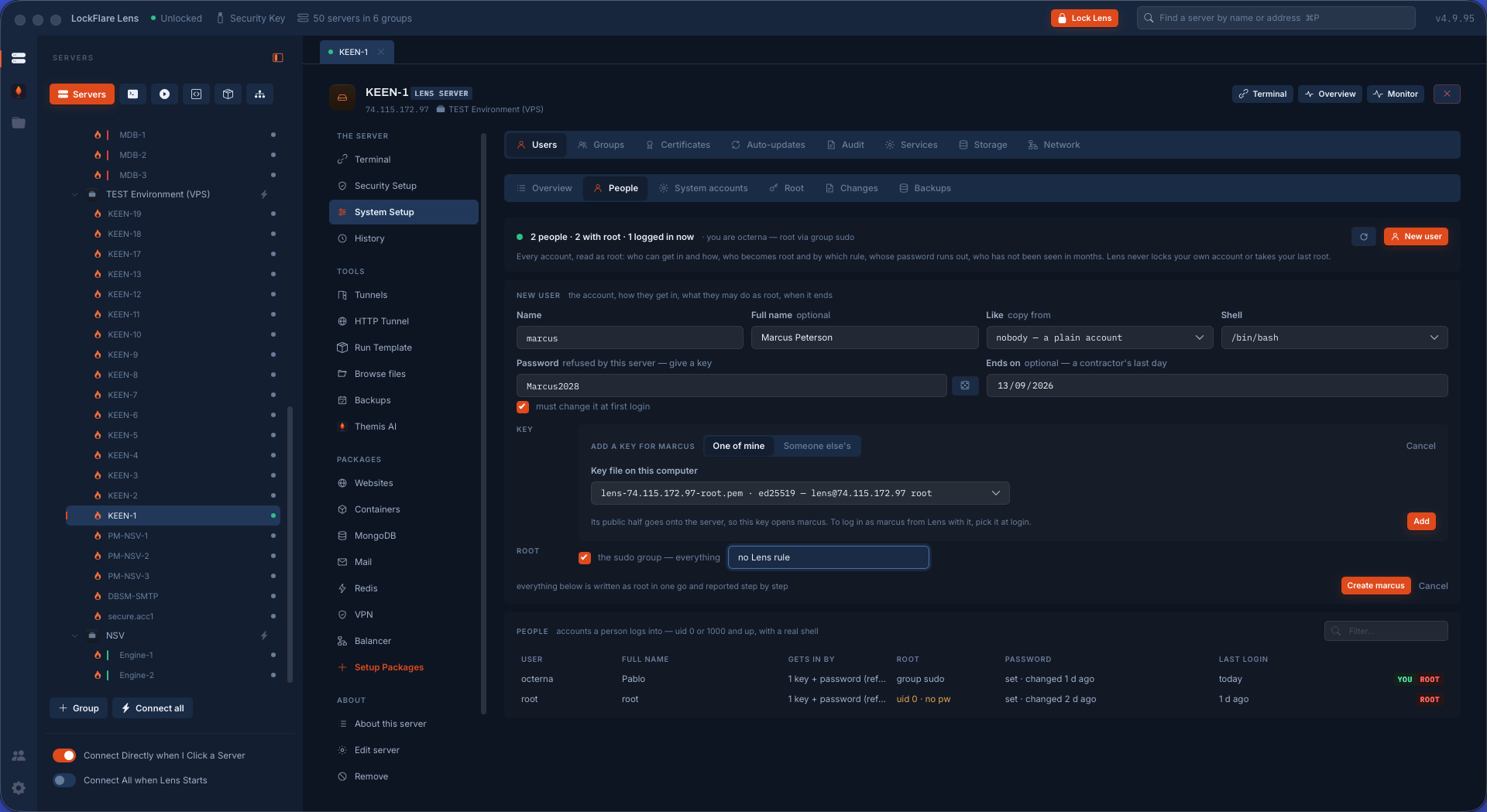 Adding a user on a server in LockFlare Lens: identity, the login, the key, and the sudo rule, as one card